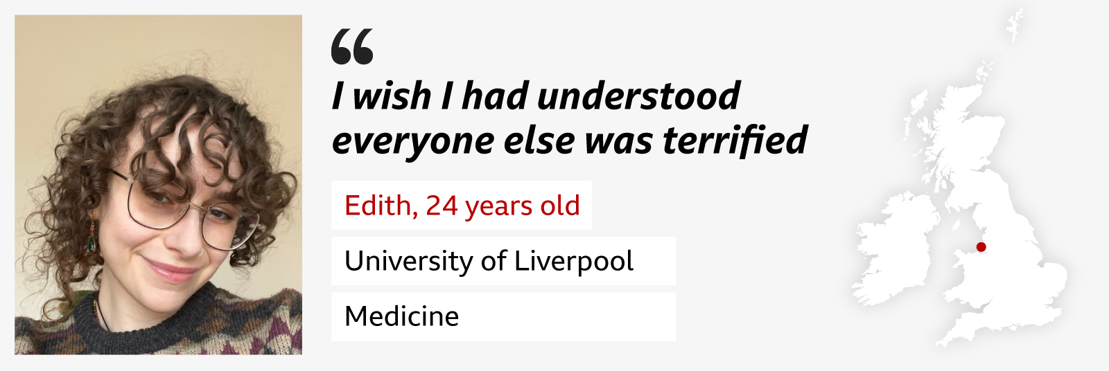 Banner showing a picture of Edith, has short curly brown hair and is wearing large, thin-framed glasses and smiling . On the right is a quote reading: “I wish I had understood everyone else was terrified”