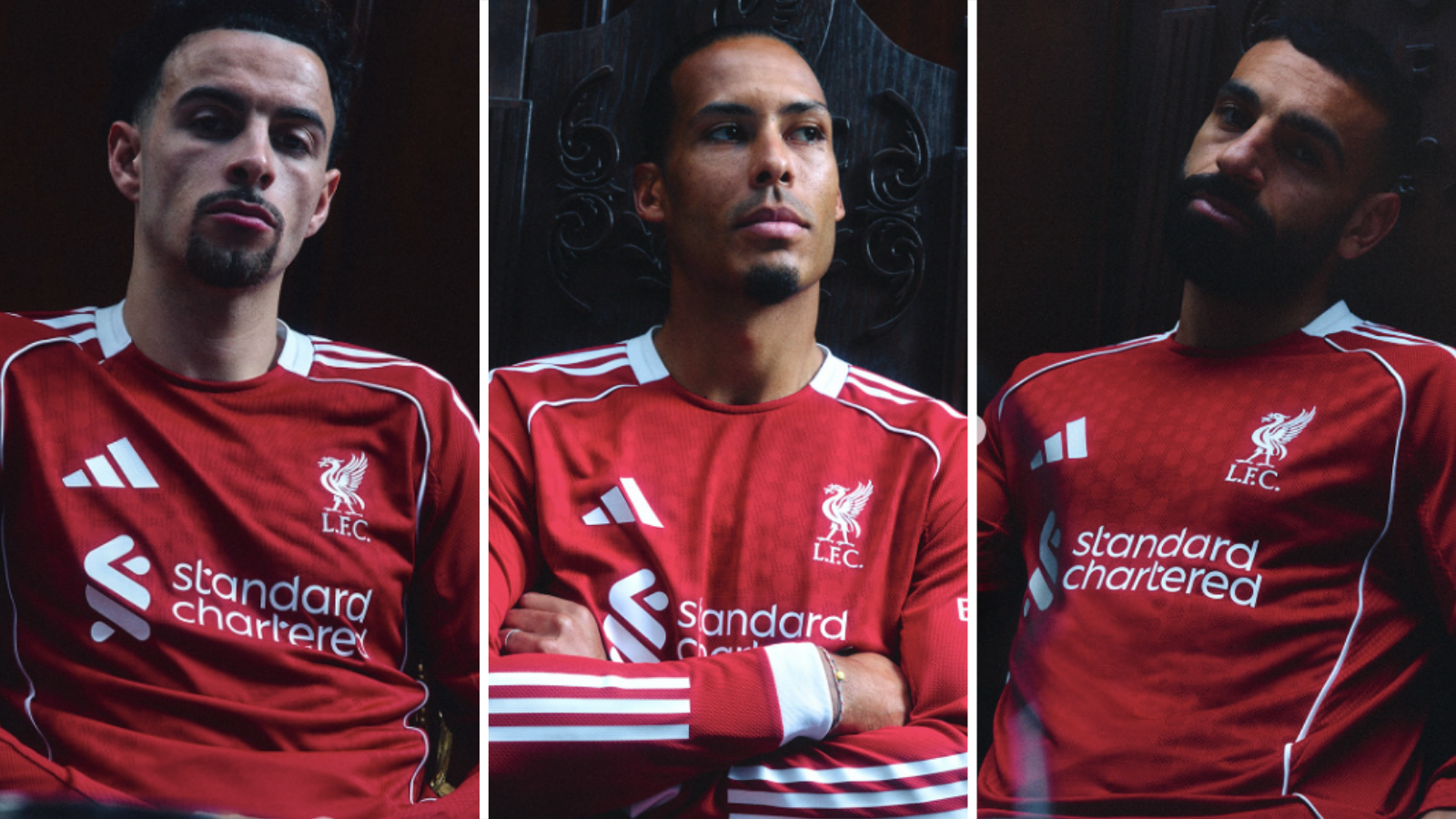 Curtis Jones, Virgil van Dijk and Mohamed Salah model new Liverpool home shirt.