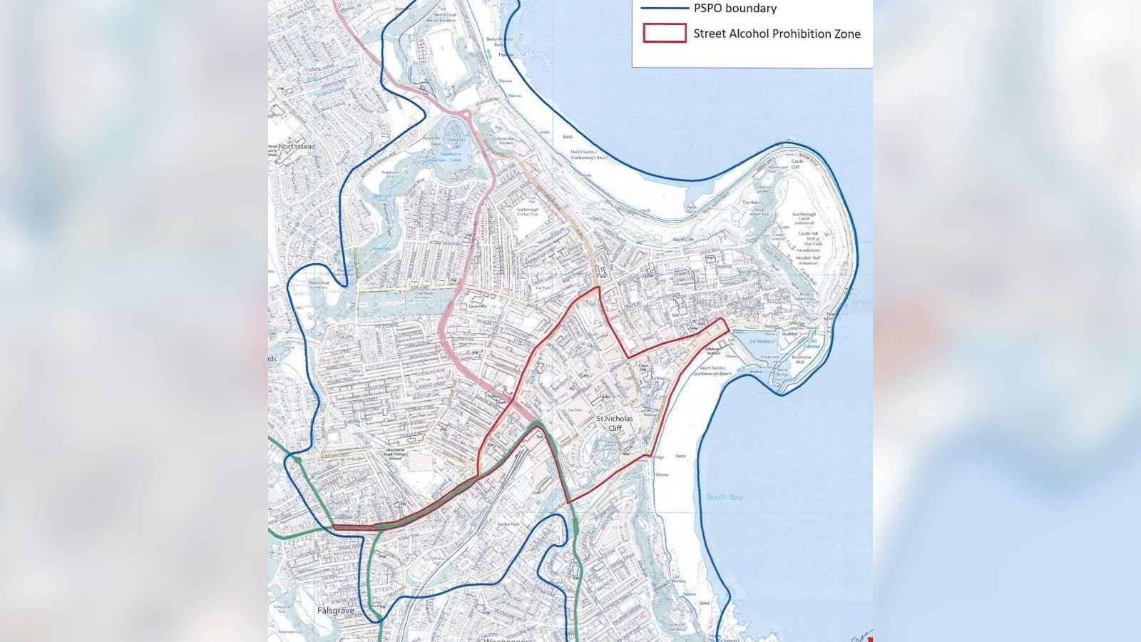 A map of Scarborough, with a small circle marking the street alcohol prohibition zone in the centre of the town. A wider blue zone extends around most of the town. 