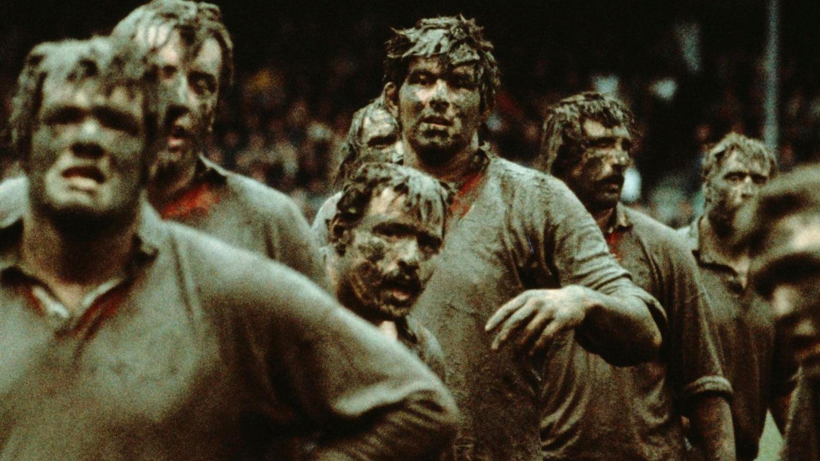 Allan Martin (fourth from right) and his mud-covered team-mates at a line-out for the Lions in New Zealand in 1977