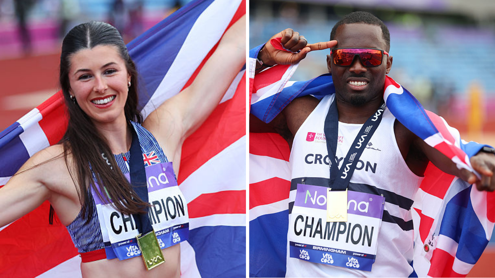 Amy Hunt and Romell Glave pose with their medals and British flags after winning the 100m finals at the UK Athletics Championships in 2026