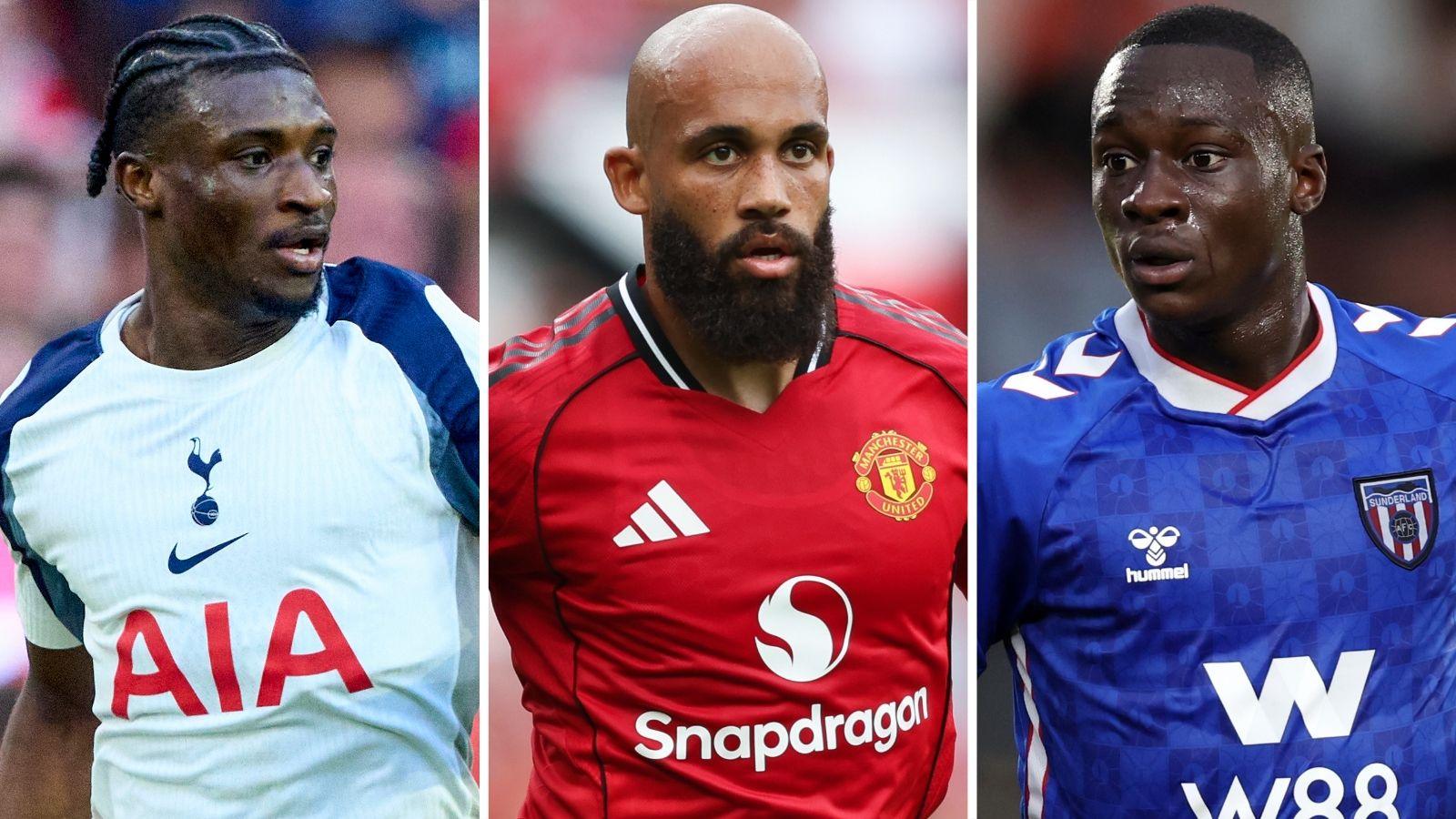 A triptych split into three vertical columns showing Mohammed Kudus, Bryan Mbeumo and Habib Diarra in action for Tottenham Hotspur, Manchester United and Sunderland respectively. Kudus wears a white shirt, Mbeumo in red, and Diarra in red and white vertical stripes