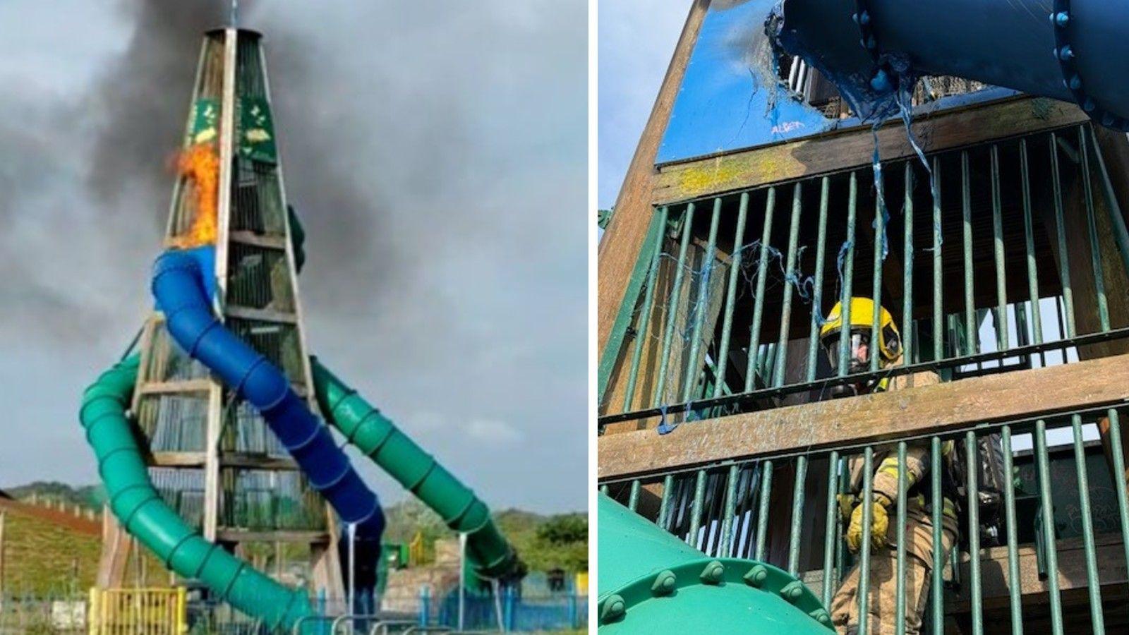 Wooden frame with green and blue tube slide spiralling down with flames coming from its top section.