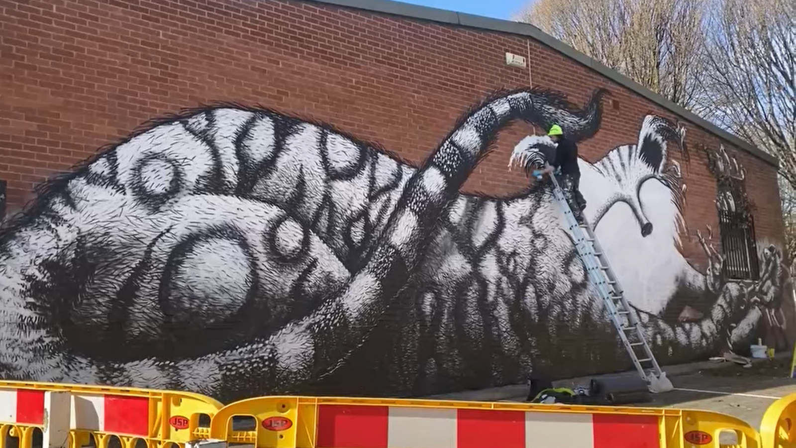 Phlegm, who is wearing a lime green beanie hat, is at the top of a ladder creating the artwork - here he's working on the last portion, the cat's face.