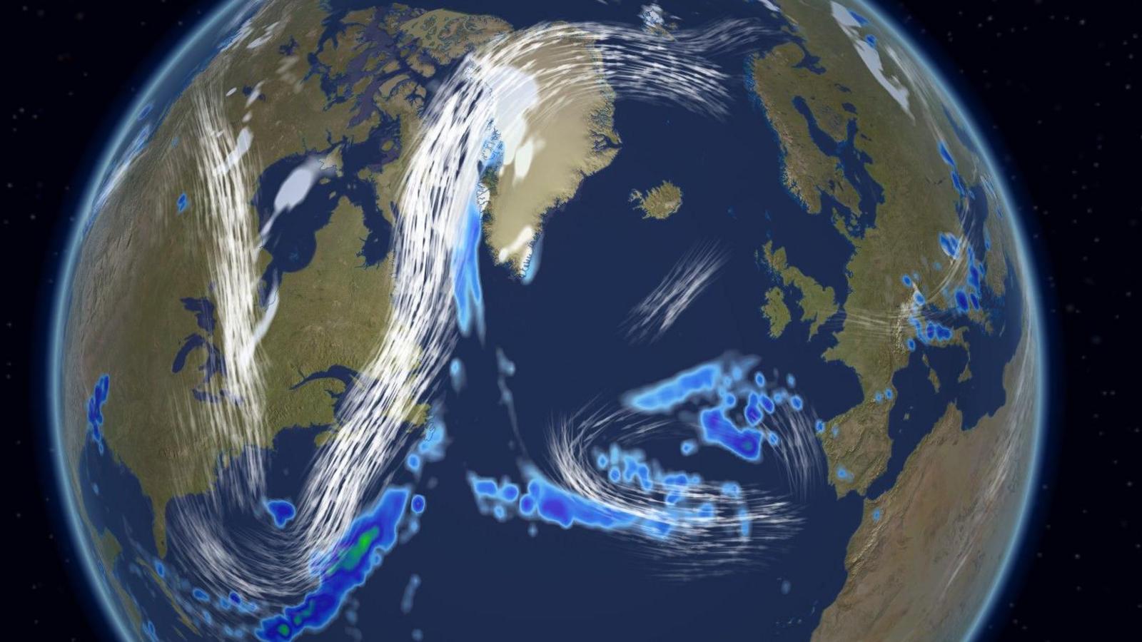 A weather chart showing a broad view of the Atlantic, with the jet stream meandering northwards and southwards and areas of rainfall staying away from the UK