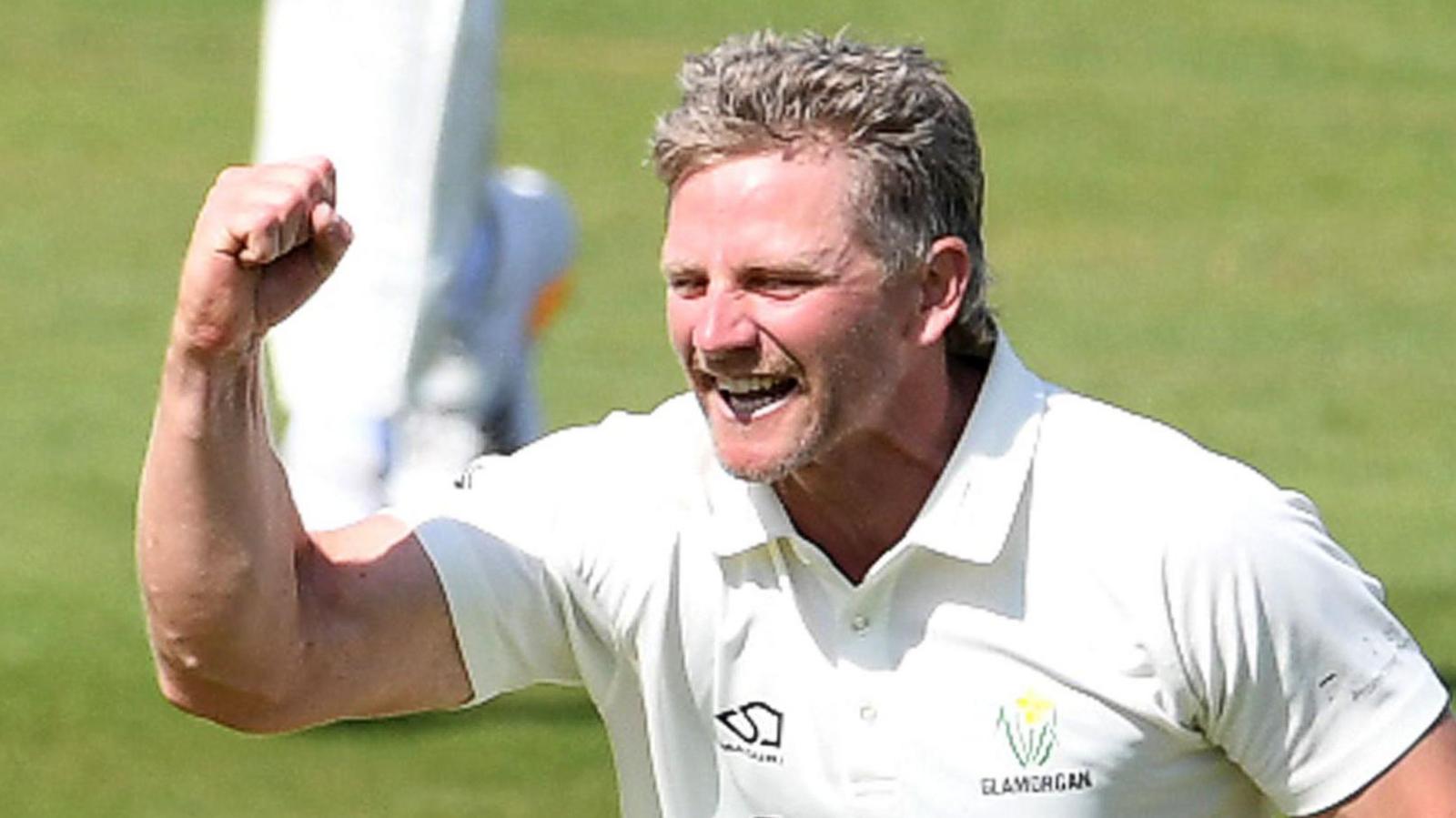 Timm van der Gugten celebrates taking a wicket for Glamorgan
