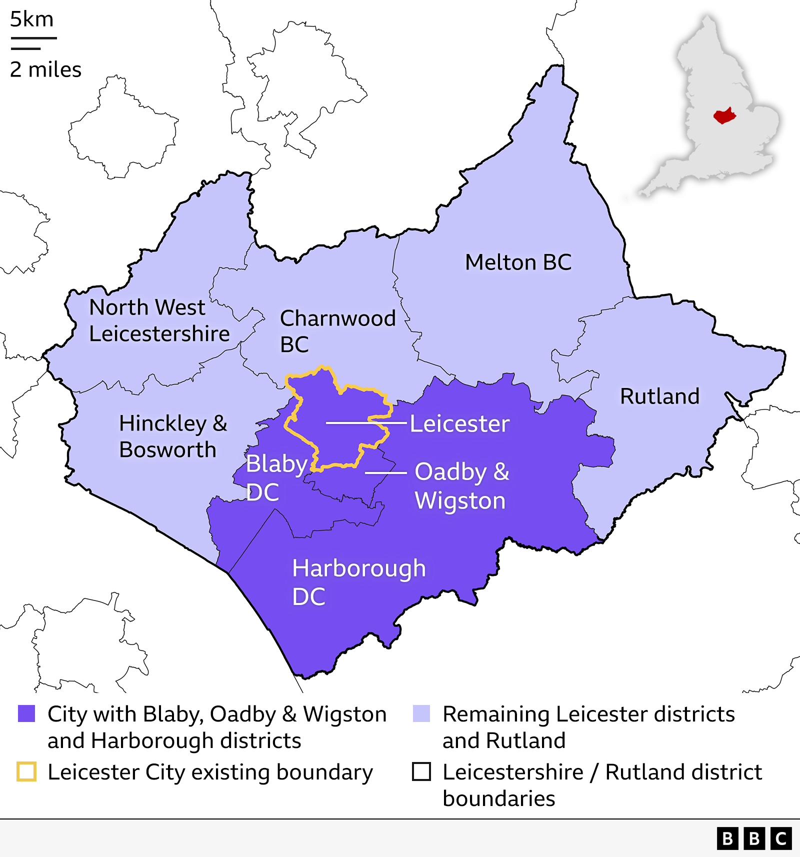 A map which shows the boundaries of local councils across Leicestershire, where Leicester City Council has suggested it could merge with Harborough District Council, Oadby and Wigston Borough Council and Blaby District Council as part of the upcoming local government reorganisation.