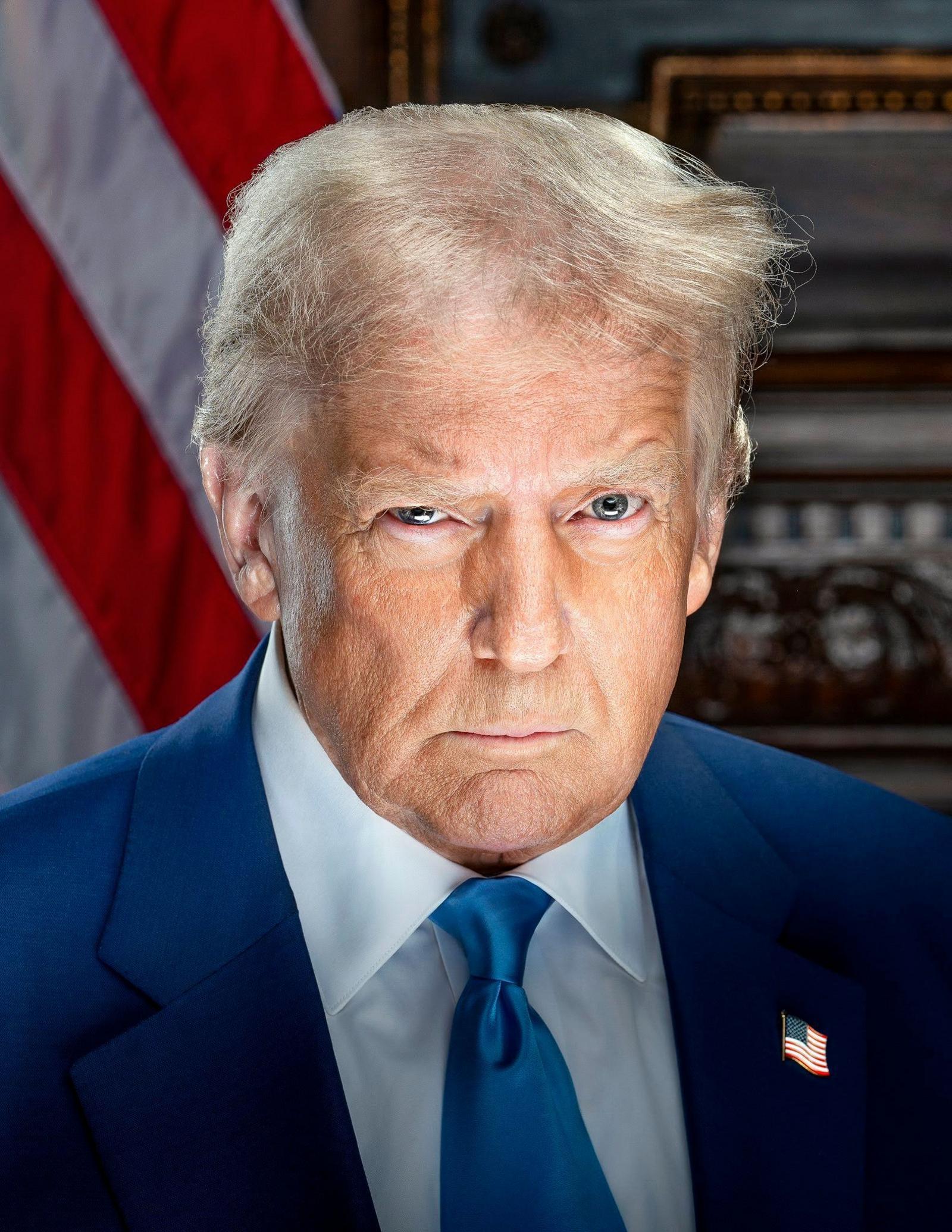 Donald Trump appears in his official presidential portrait for his second term in office. He looks directly into the camera and appears to have a raised eyebrow. He is wearing a blue tie and white shirt with an American flag lapel on the left side of his suit jacket