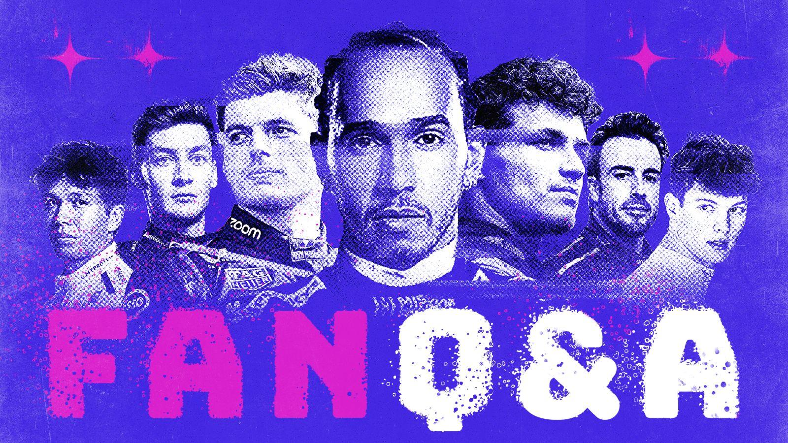 Graphic image of, from left to right, Alex Albon, George Russell, Max Verstappen, Lewis Hamilton, Lando Norris, Fernando Alonso and Oliver Bearman. It is on a blue background with 'Fan Q&A' below the drivers
