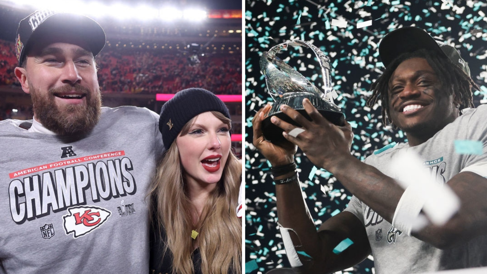 Split image of Travis Kelce and Taylor Swift celebrating, and AJ Brown lifting the NFC Championship trophy