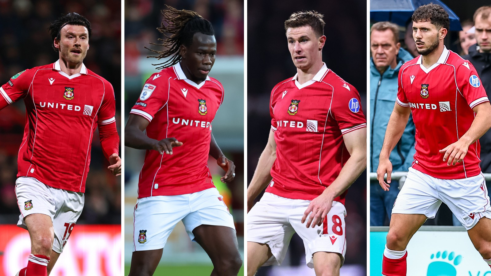 (Left to right) Wrexham players Kieffer Moore, Issa Kabore, Ben Sheaf and Liberato Cacace