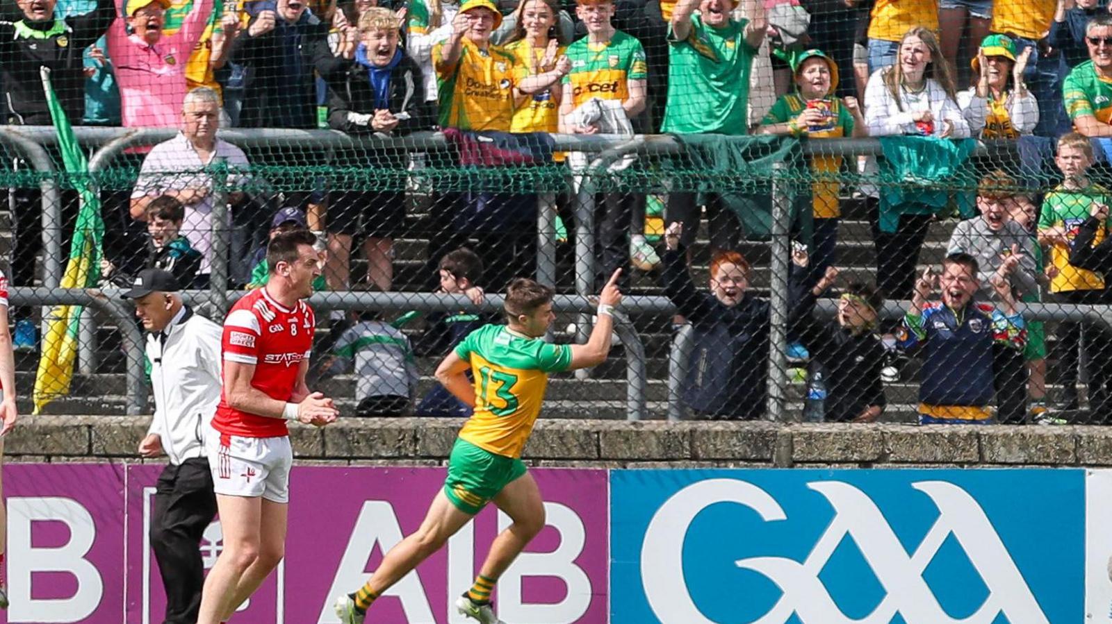 Conor O'Donnell celebrates scoring Donegal's first goal in their victory over Louth at Ballybofey.
