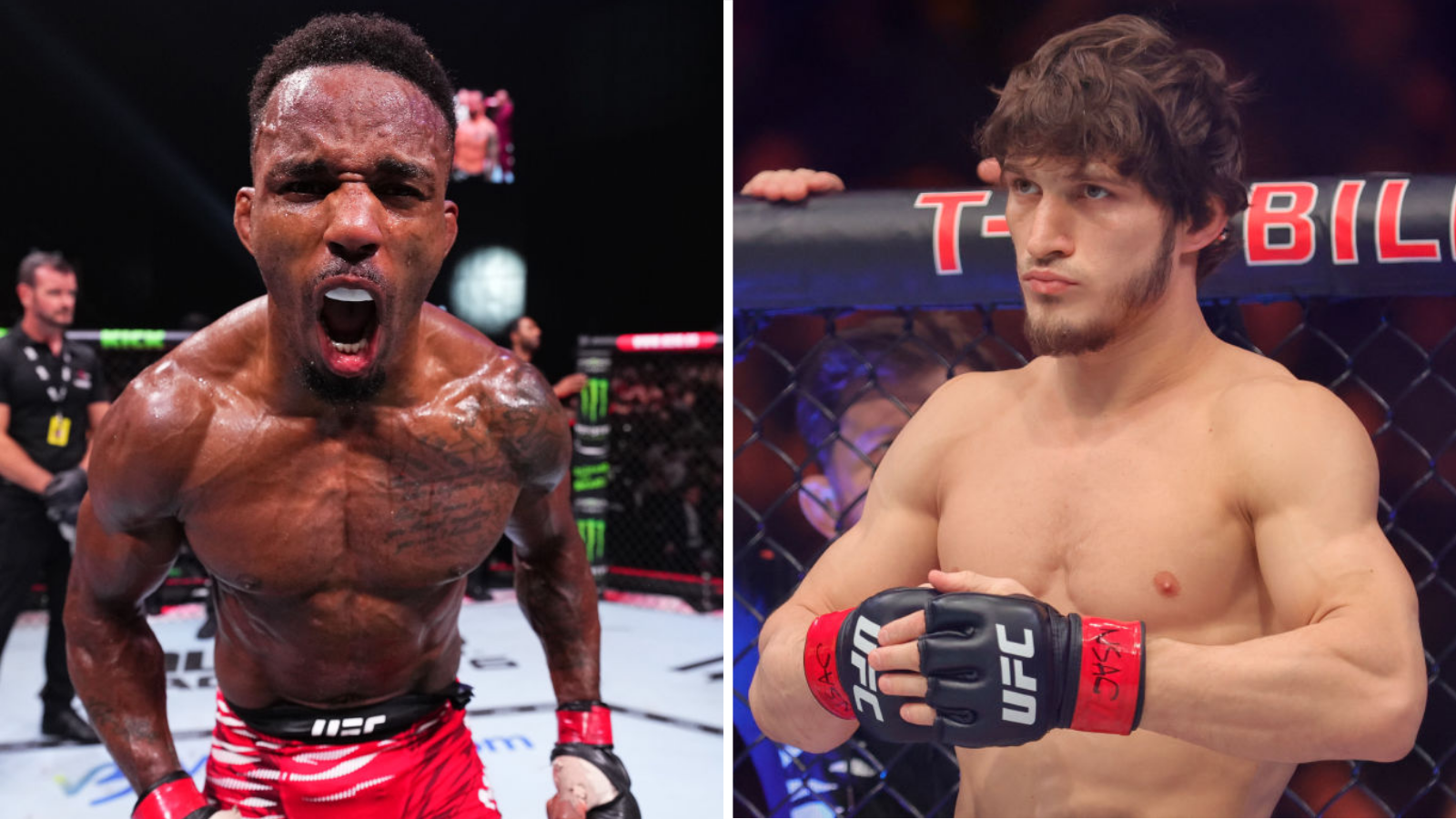 Split image of Lerone Murphy celebrating and Movsar Evloev with his UFC gloves