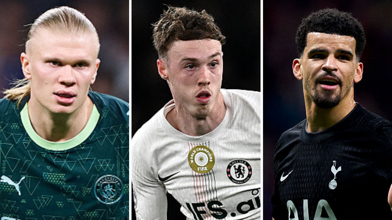 Manchester City's Erling Haaland, Chelsea's Cole Palmer and Tottenham's Dominic Solanke