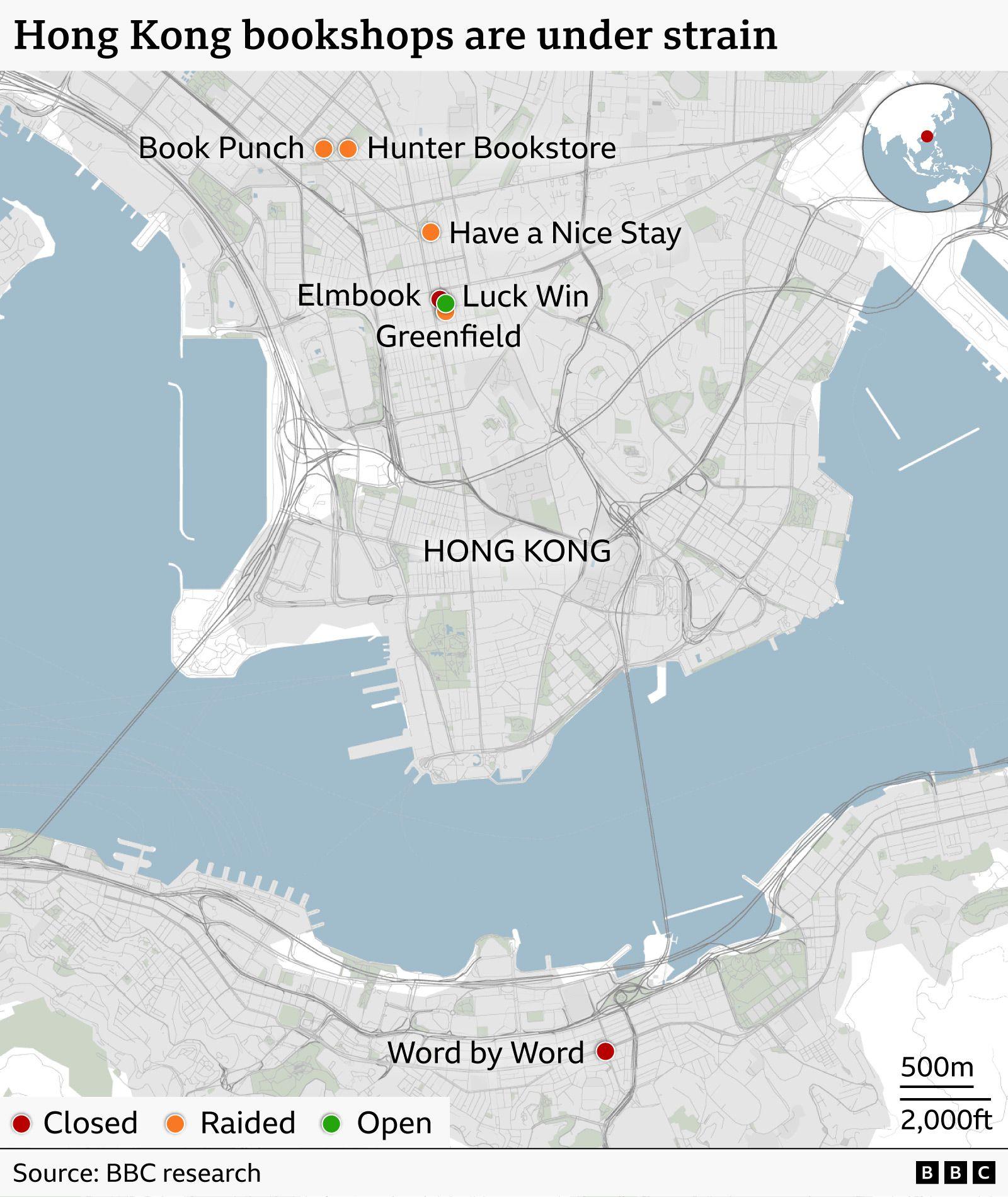 BBC map showing bookshops under strain in Hong Kong