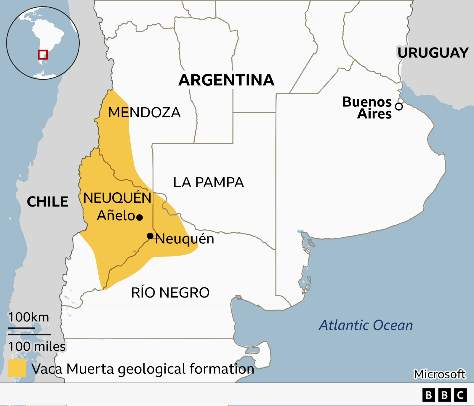 A map showing the location of Añelo at the heart of the Vaca Muerta oil and gas field