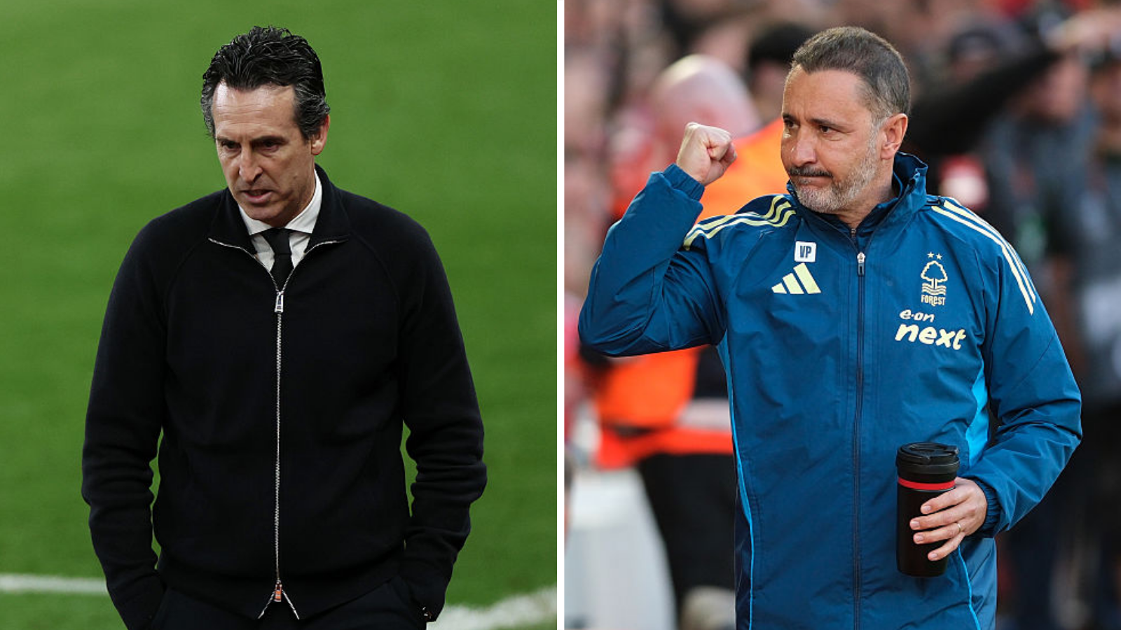 A split graphic of Unai Emery and Vitor Pereira