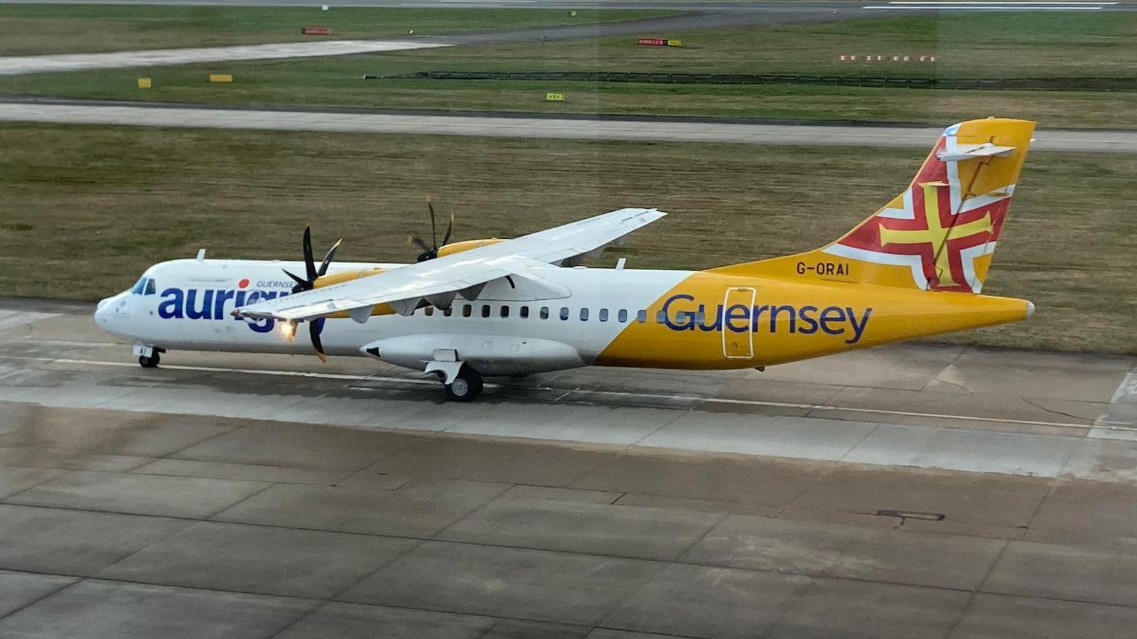 An Aurigny plane - ATR 72-600 G-ORAI - taxing as it heads onto the runway.