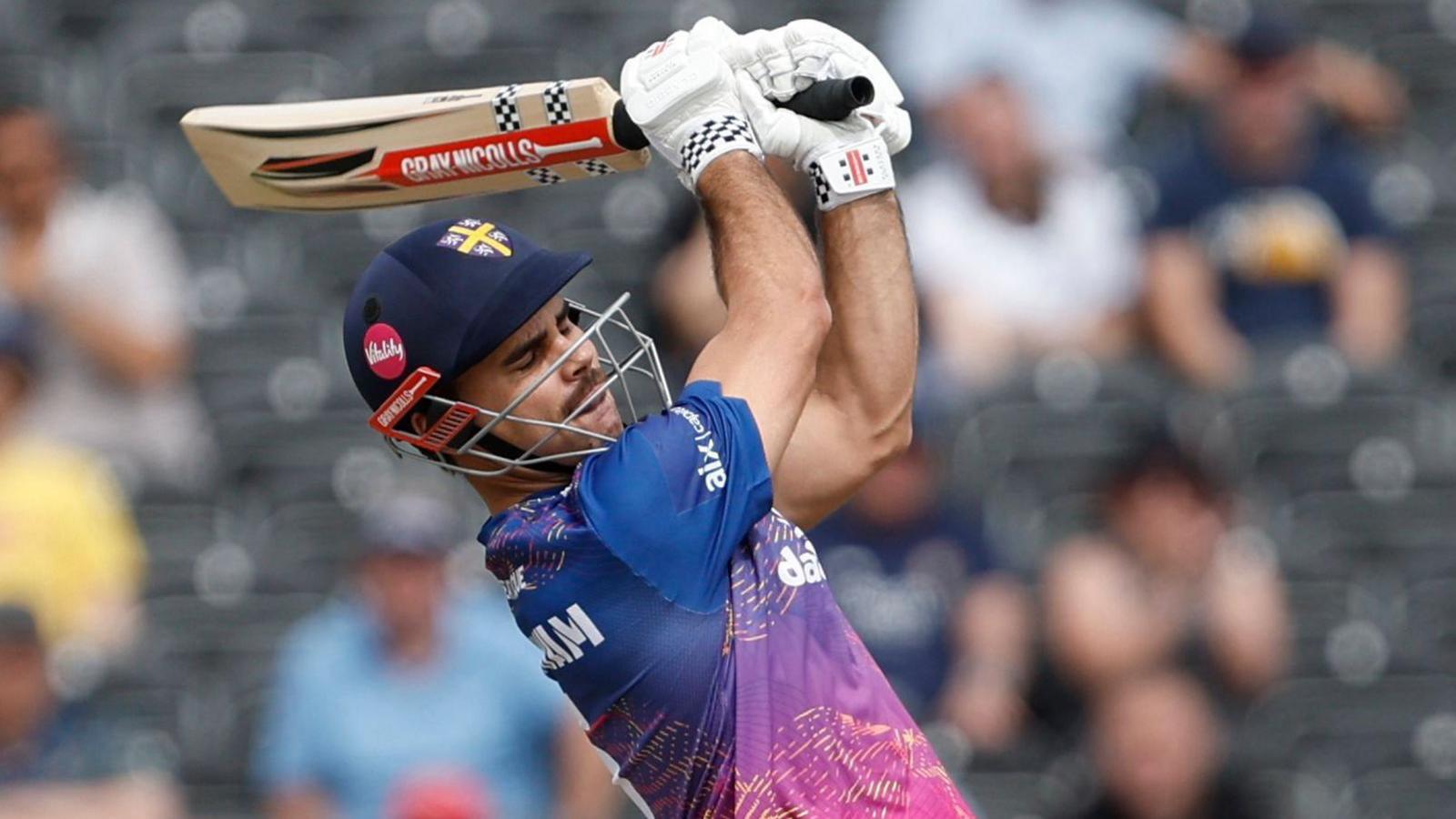 South African David Bedingham smashes one of his four sixes in his 104 in the One-Day Cup quarter-final against Lancashire at Old Trafford.
