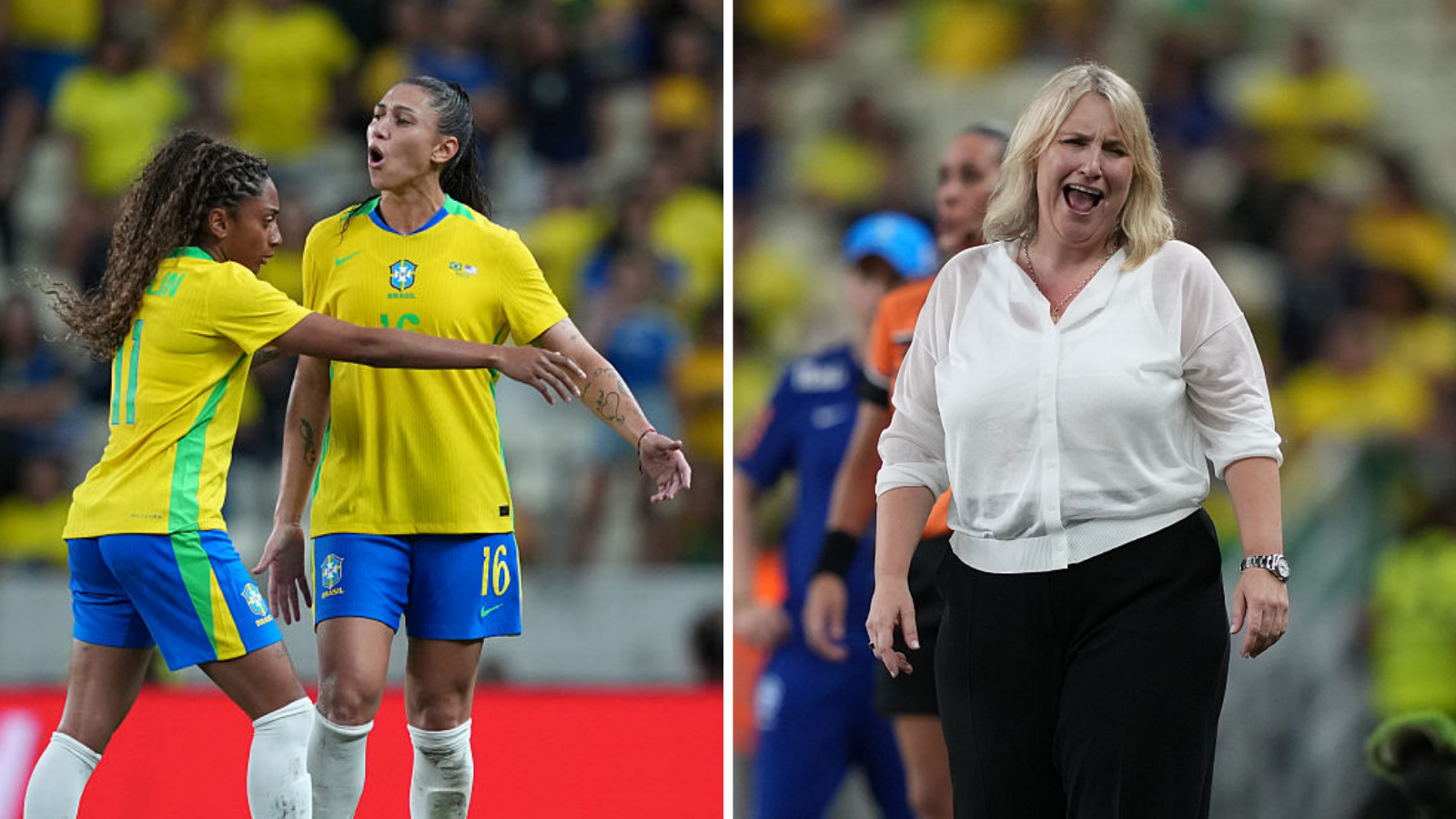 Split image of Brazil's Kerolin trying to calm her teammate Bia Zaneratto and England coach Emma Hayes pitchside
