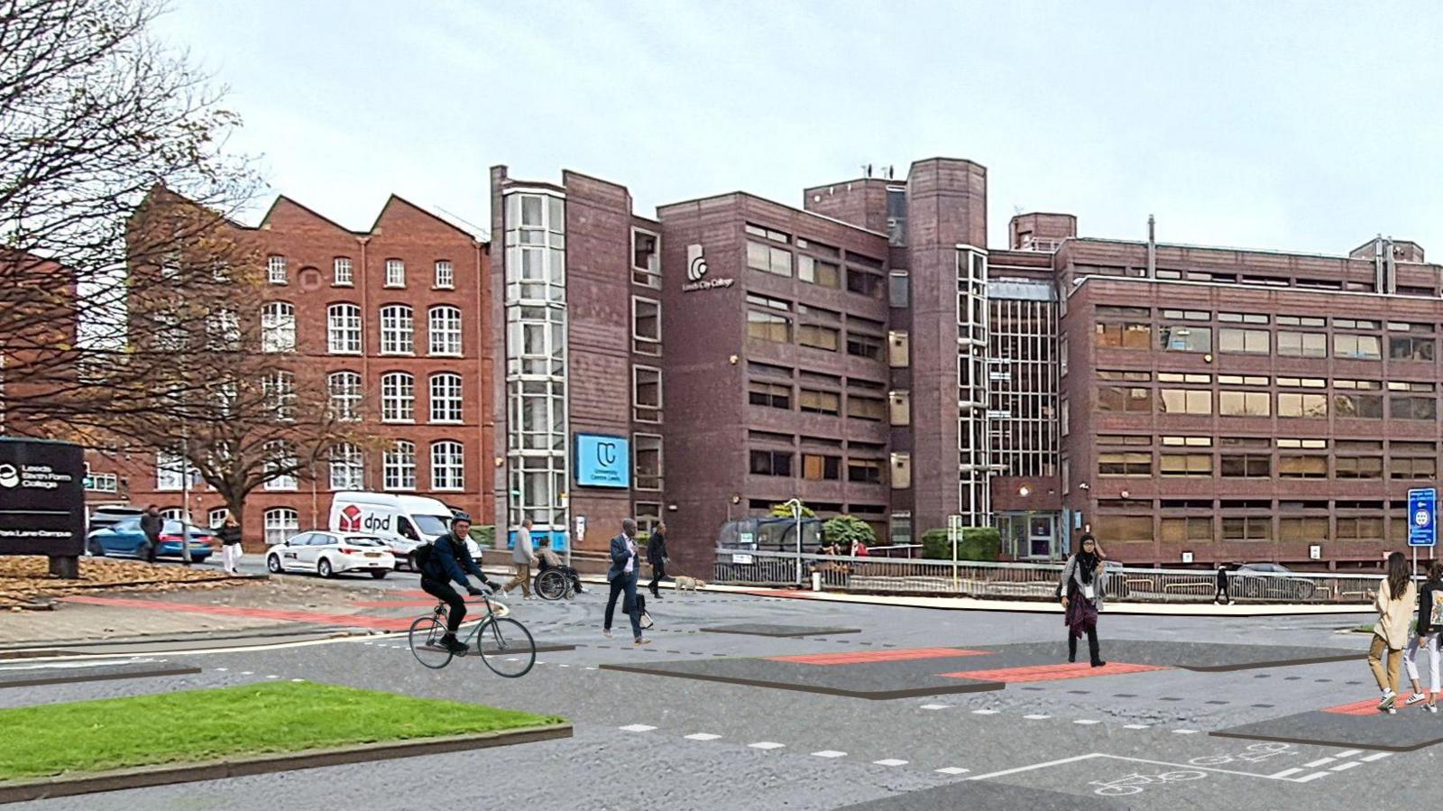 A cyclist using a designated path on a stretch of road near Leeds Sixth Form College. Pedestrians are also crossing the busy corridor.