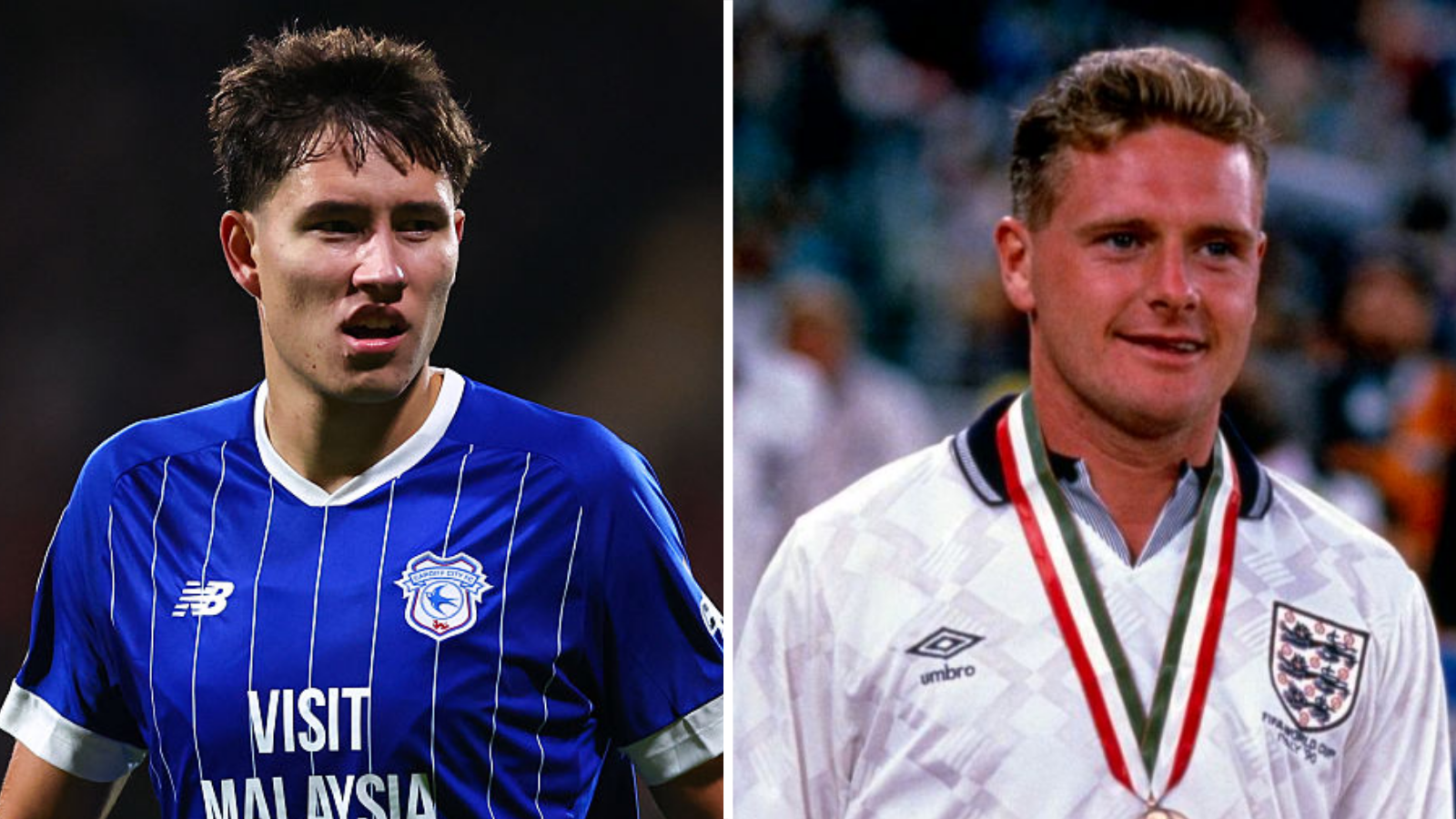 On the left, Rubin Colwill on blue short of Cardiff City. On the right is Paul Gascogne in white shirt of England and wearing a medal.