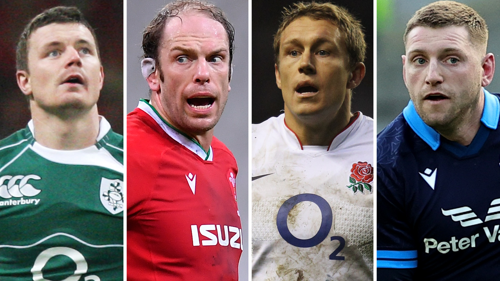 Split image of Brian O'Driscoll, Alun Wyn Jones, Jonny Wilkinson and Finn Russell