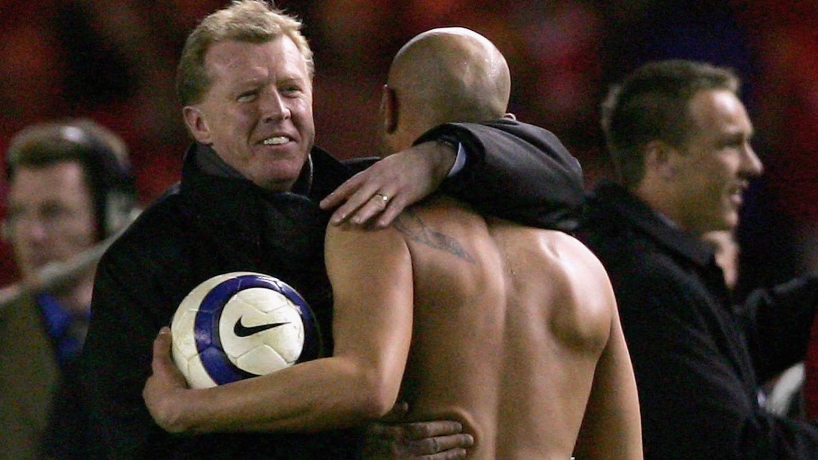 Steve McClaren hugs Massimo Maccarone after his goal sent Boro to the Uefa Cup final in 2006