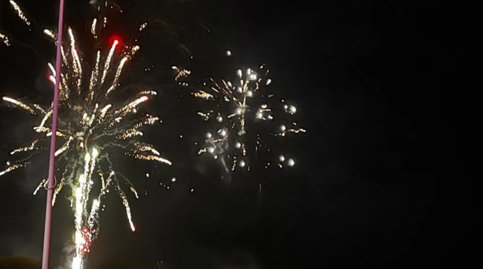 Two fireworks with lots of bright and shiny sparkles against a black sky.