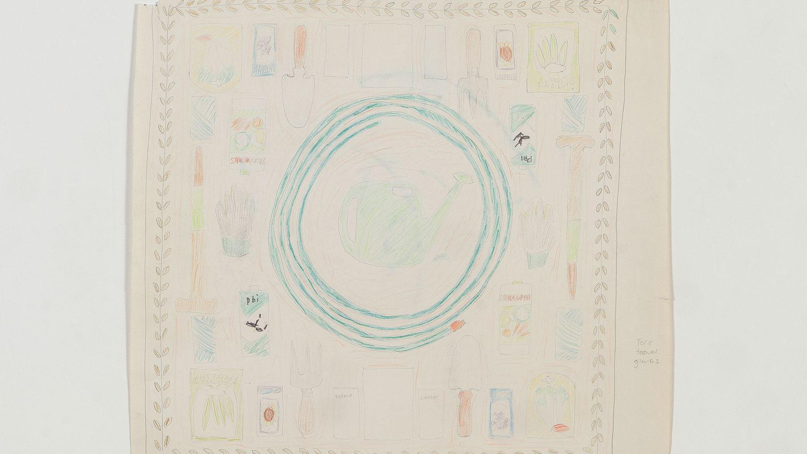 A sketch of one of Lynn's quilts. It features colourful drawings of gardening equipment such as a watering can, gloves, seed packets and a shovel. 