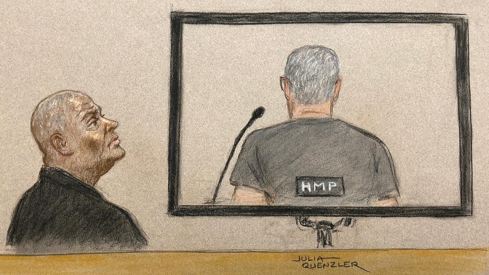 Doreen Lawrence looking at the back of David Norris, who was appearing via video link during parole hearing at Royal Courts of Justice in central London
