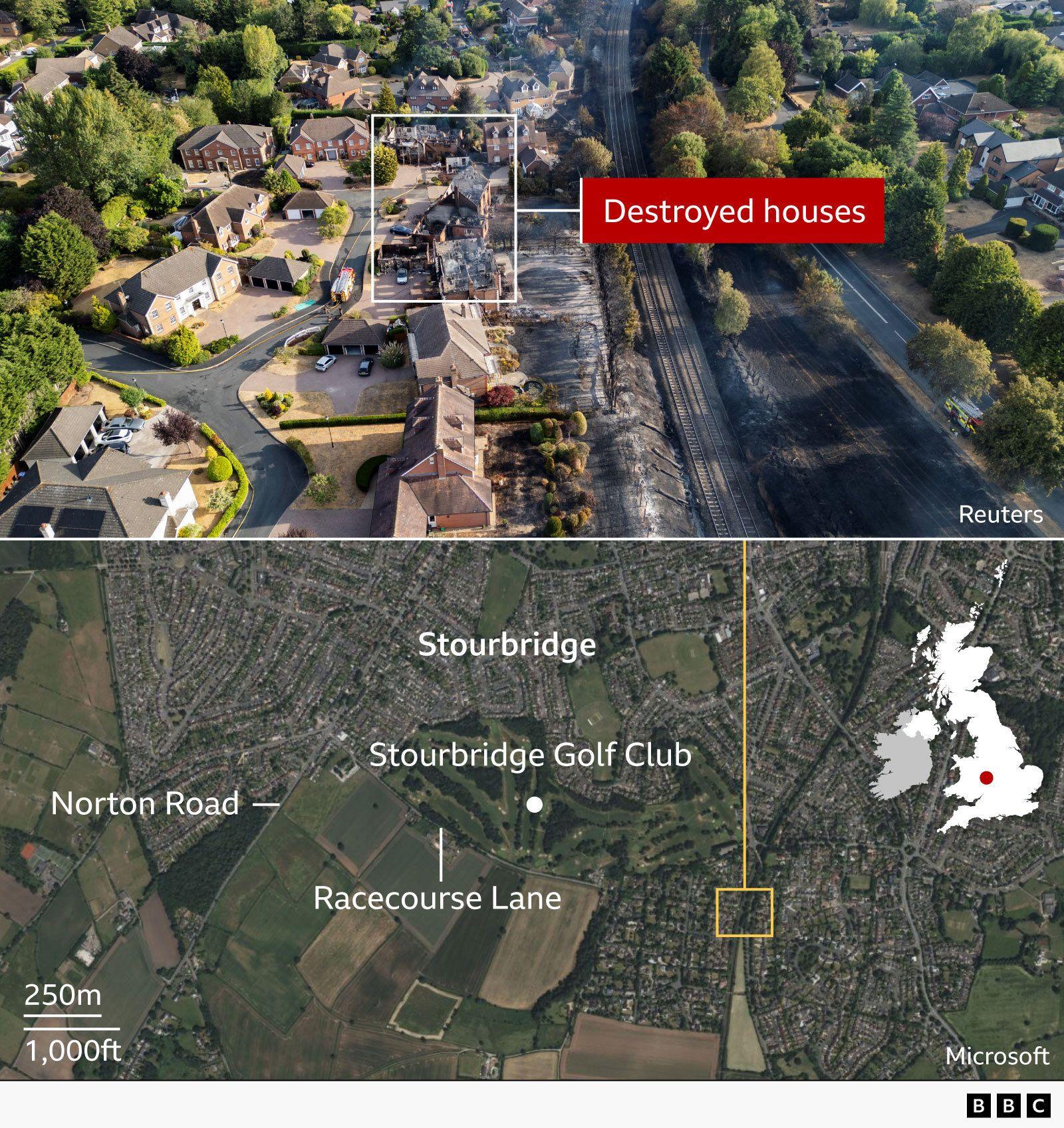 A map showing the location of Stourbridge Golf Club and the wider affected by fire, as well a picture of destroyed homes nearby