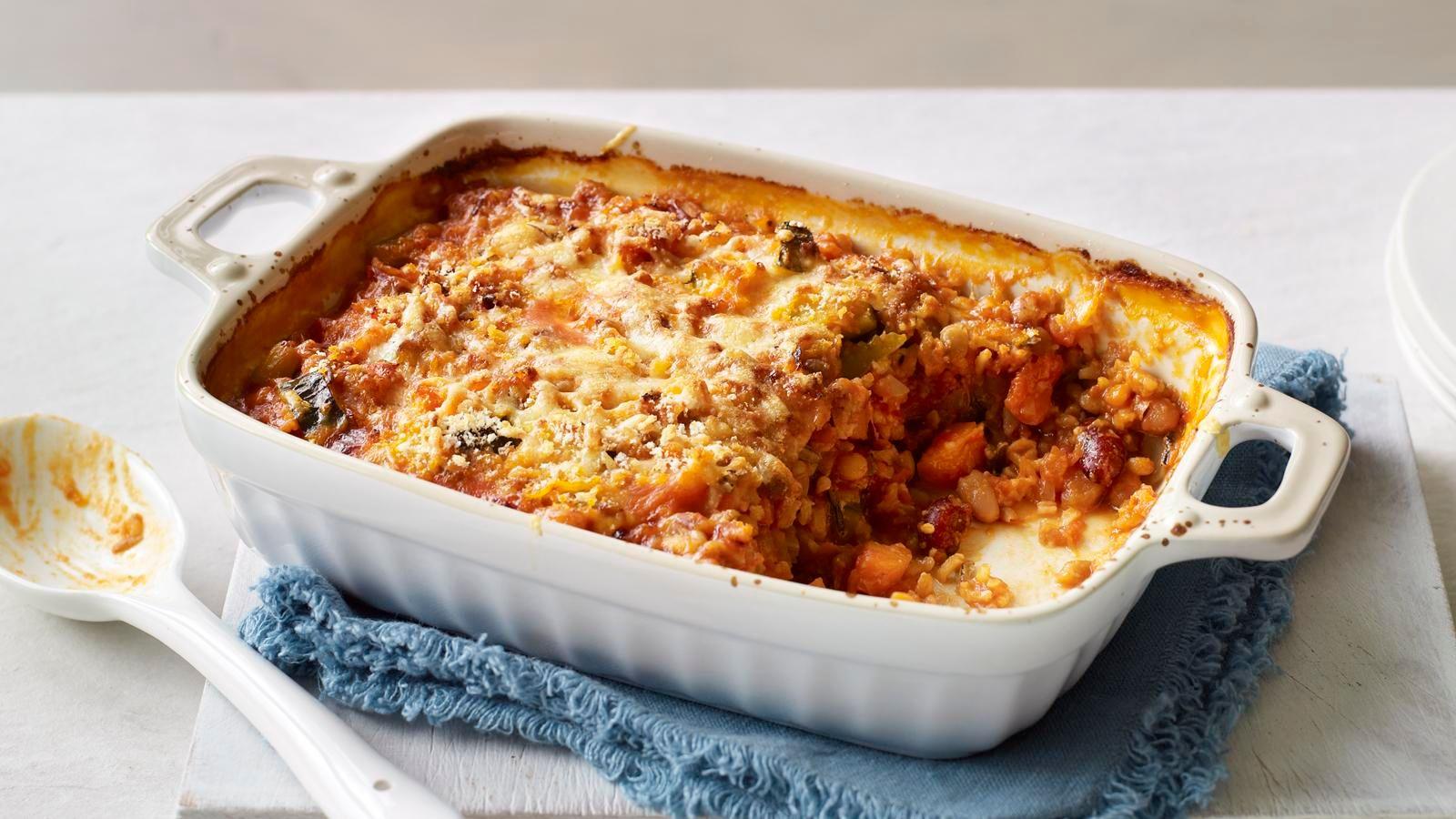 Cheesy bean and lentil bake