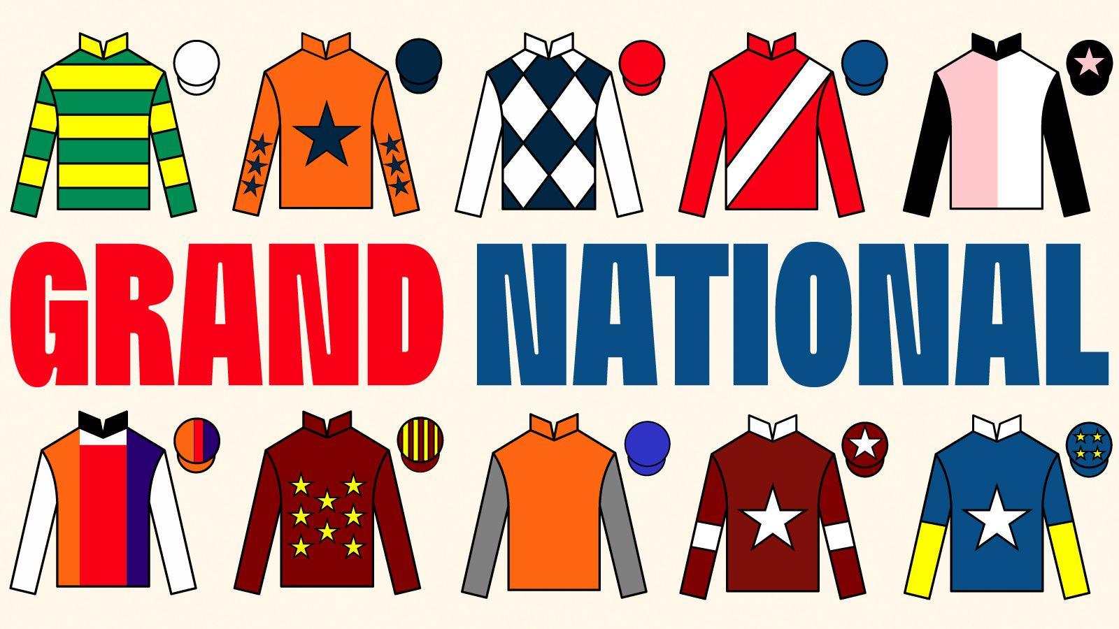 A Grand National graphic with the silks of I Am Maximus, Panic Attack, Banbridge, Grangeclare West, Gerri Colombe, Haiti Couleurs, Monty’s Star, Captain Cody, Stellar Story and Jordans on.
