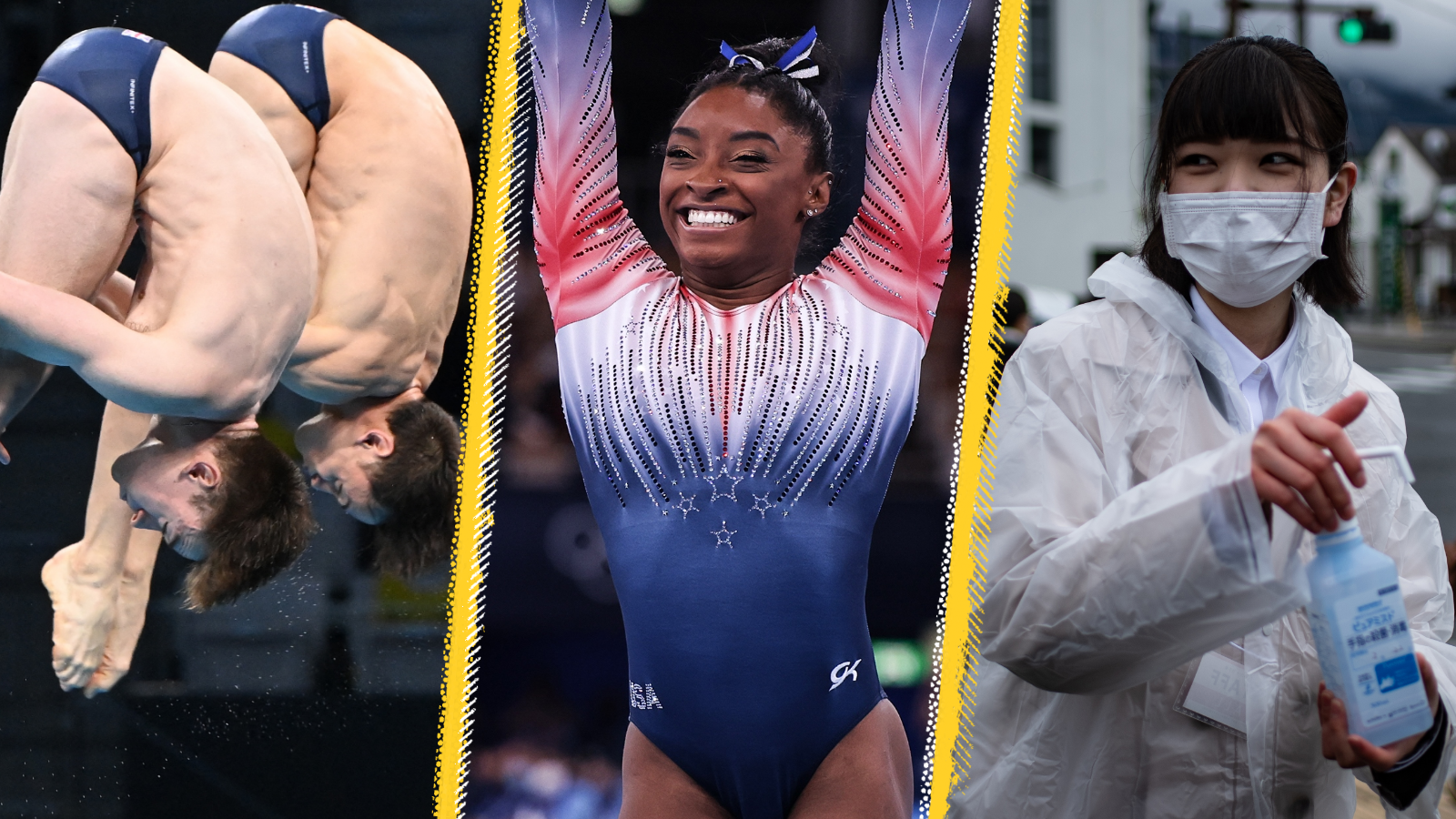 Image showing Tom Daley, Matty Lee, Simone Biles and a member of the public wearing a mask and using hand sanitiser