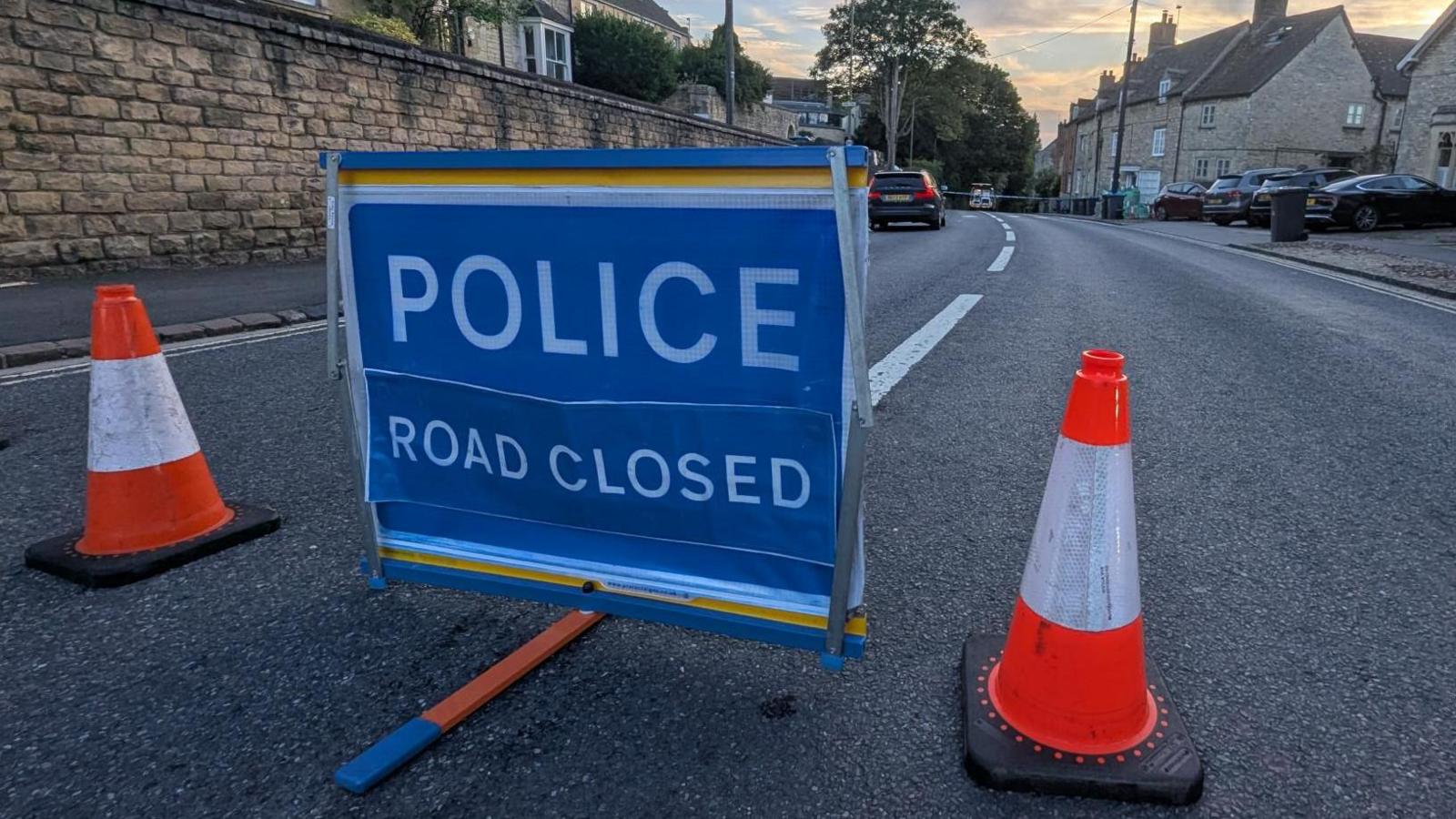 A police sign and two traffic cones on the road.