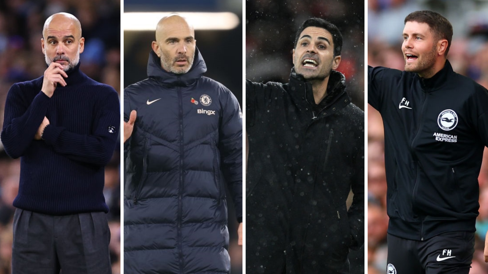 Split picture of Manchester City boss Pep Guardiola, Chelsea manager Enzo Maresca, Arsenal boss Mikel Arteta and Brighton manager Fabian Hurzeler