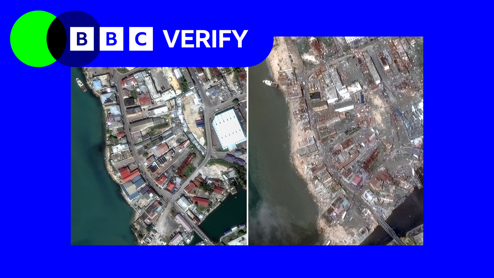Two side-by-side images show hurricane devastation. There is a BBC Verify graphic imposed on top.