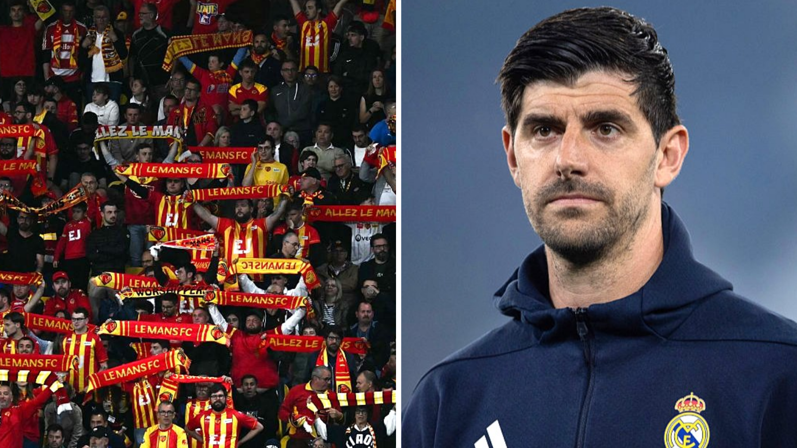 A split image showing fans of Le Mans FC alongside Real Madrid goalkeeper Thibaut Courtois
