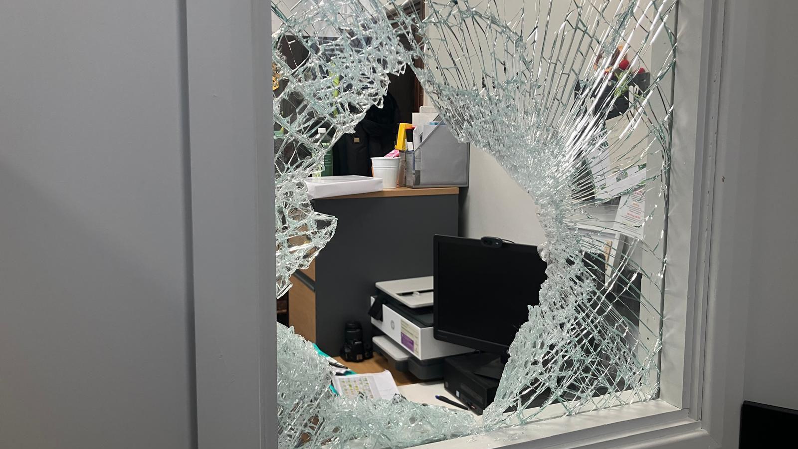 A smashed window at a nursery school in Hipperholme near Halifax