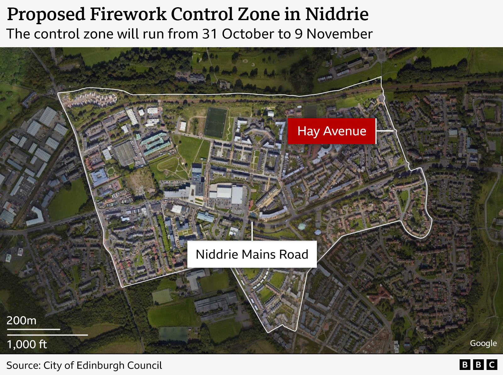 The map headline says: Proposed Firework Control Zone in Niddrie
The subhead says: The control zone will run from 31 October to 9 November
The graphic shows a map of the proposed Firework Control Zone in Niddrie. The control zone is highlighted and lines point to Niddrie Mains Road and also Hay Avenue.
The source is the City of Edinburgh Council