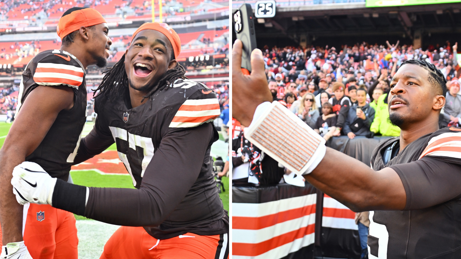 Cedric Tillman, Isaiah McGuire Jameis Winston of the Cleveland Browns celebrate beating Baltimore