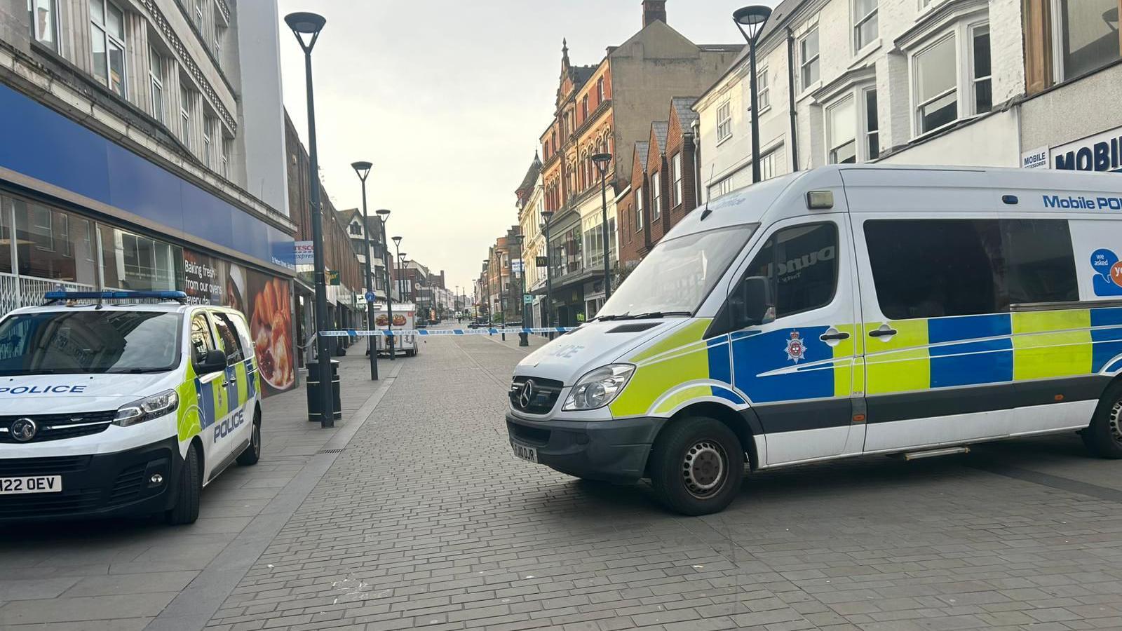 An image of the police cordon in St Peter's Street, Derby.