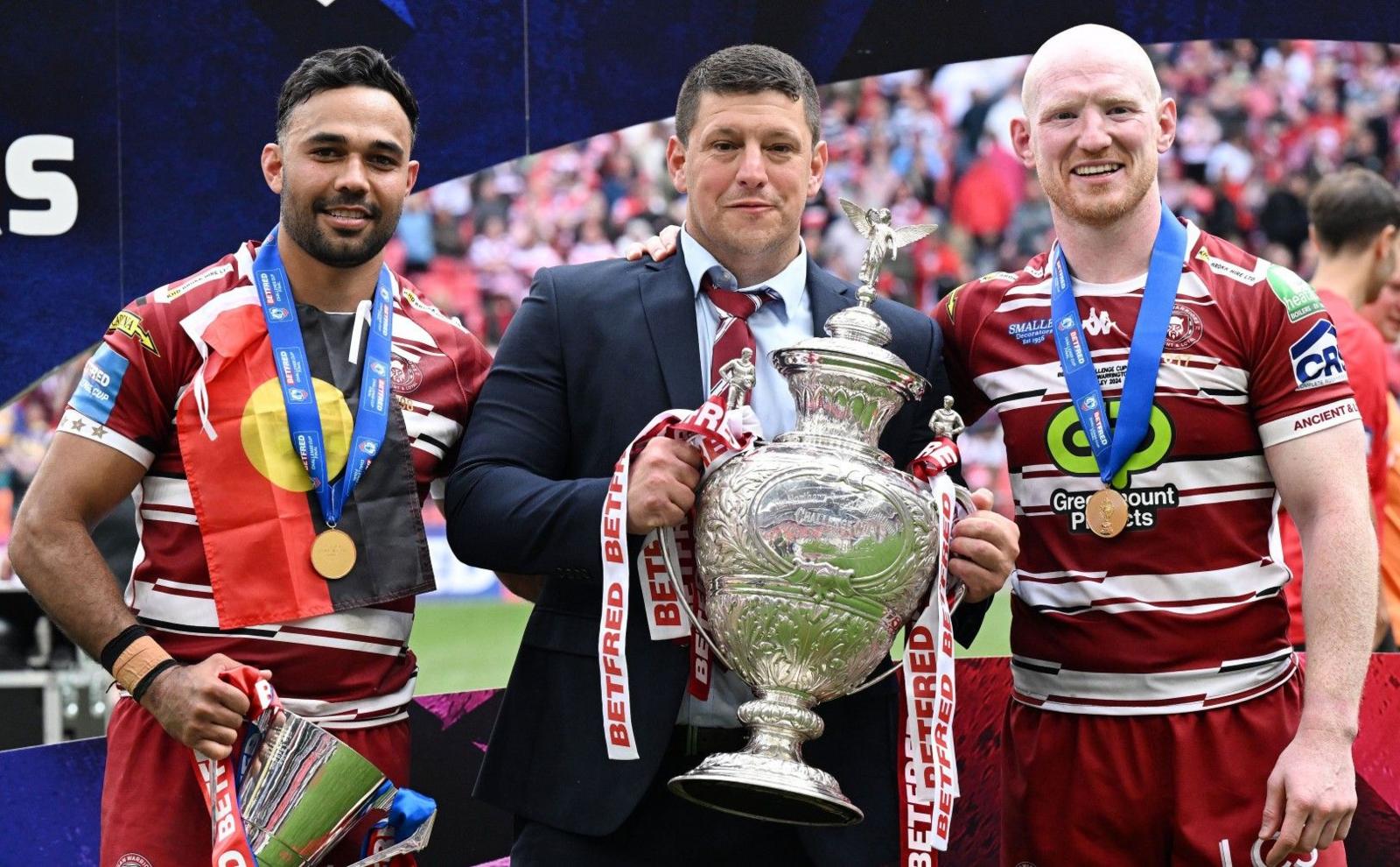 From left: Wigan man of the match Bevan French, coach Matt Peet and skipper Liam Farrell