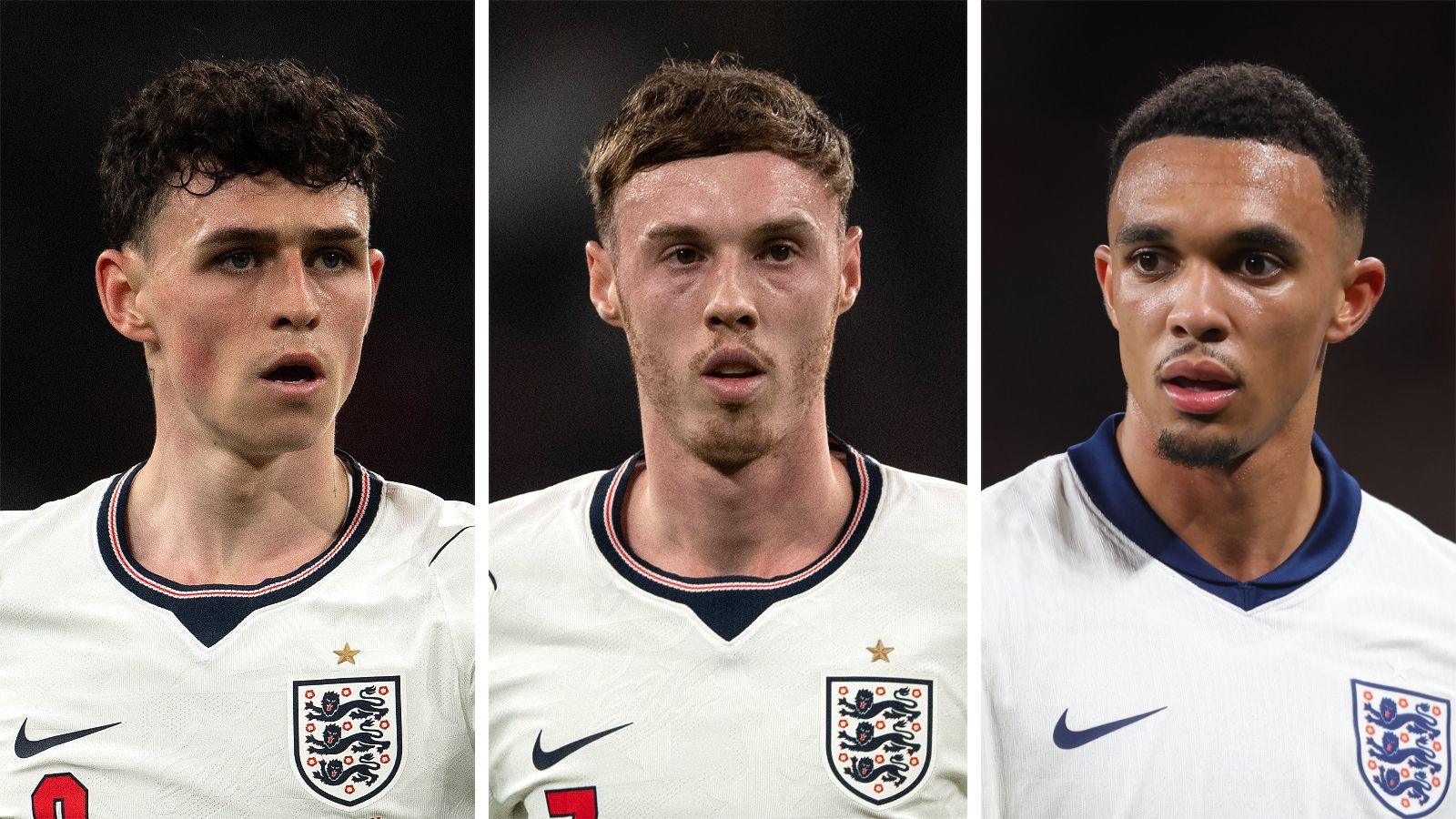 A composite shows headshots of three players wearing England kits while on-field - on the left Phil Foden, in the centre Cole Palmer and on the right Trent Alexander-Arnold.