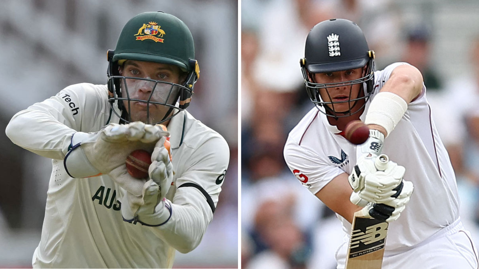 Alex Carey (left) catching a ball; Jamie Smith (right) batting