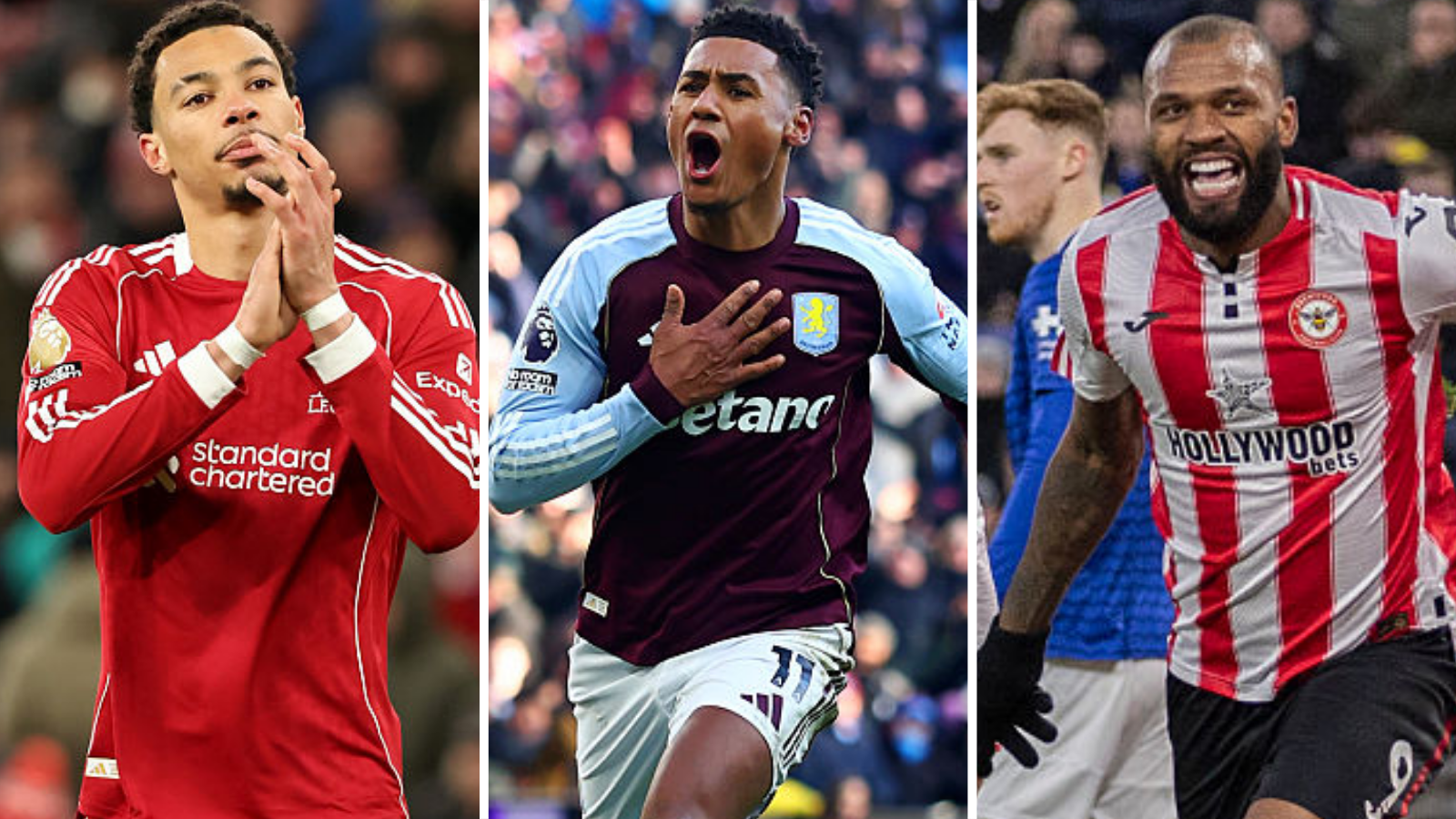A split picture showing Liverpool striker Hugo Ekitike, Aston Villa striker Ollie Watkins and Igor Thiago of Brentford