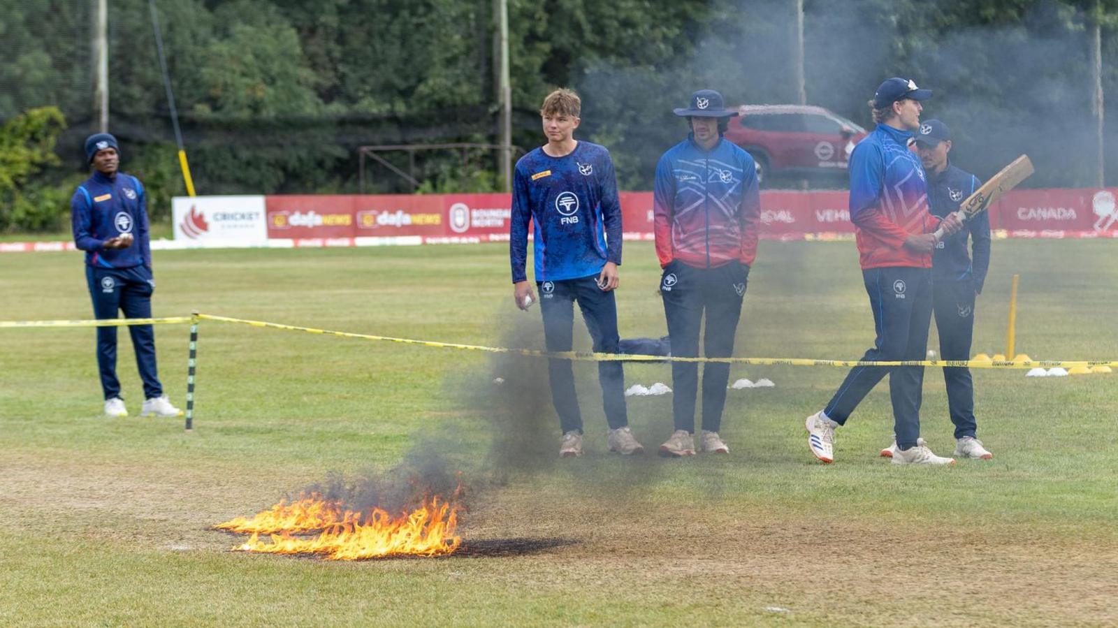 Fire on the pitch at Maple Leaf North-West Ground, King City