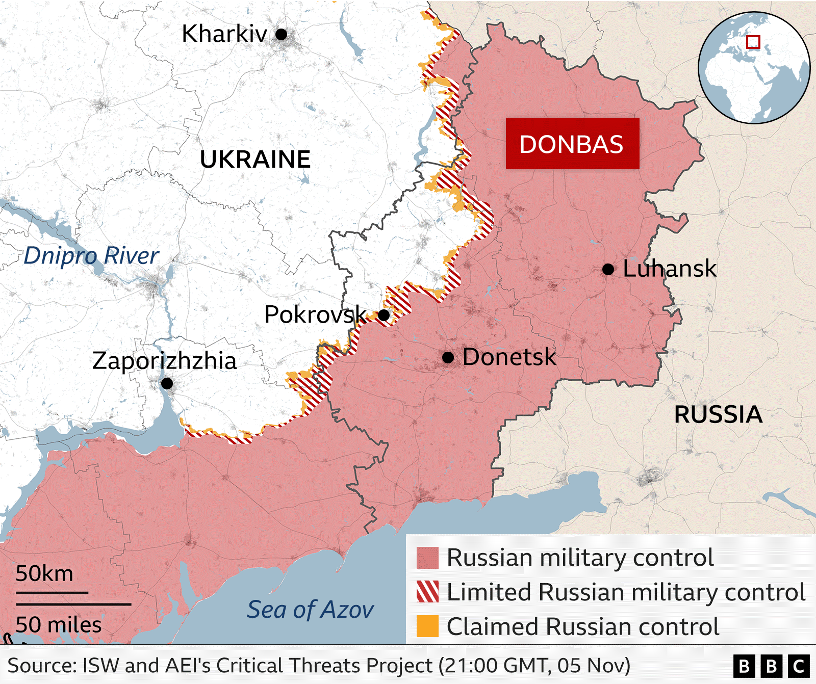 A map showing Ukraine's Donbas region and areas under Russian control.