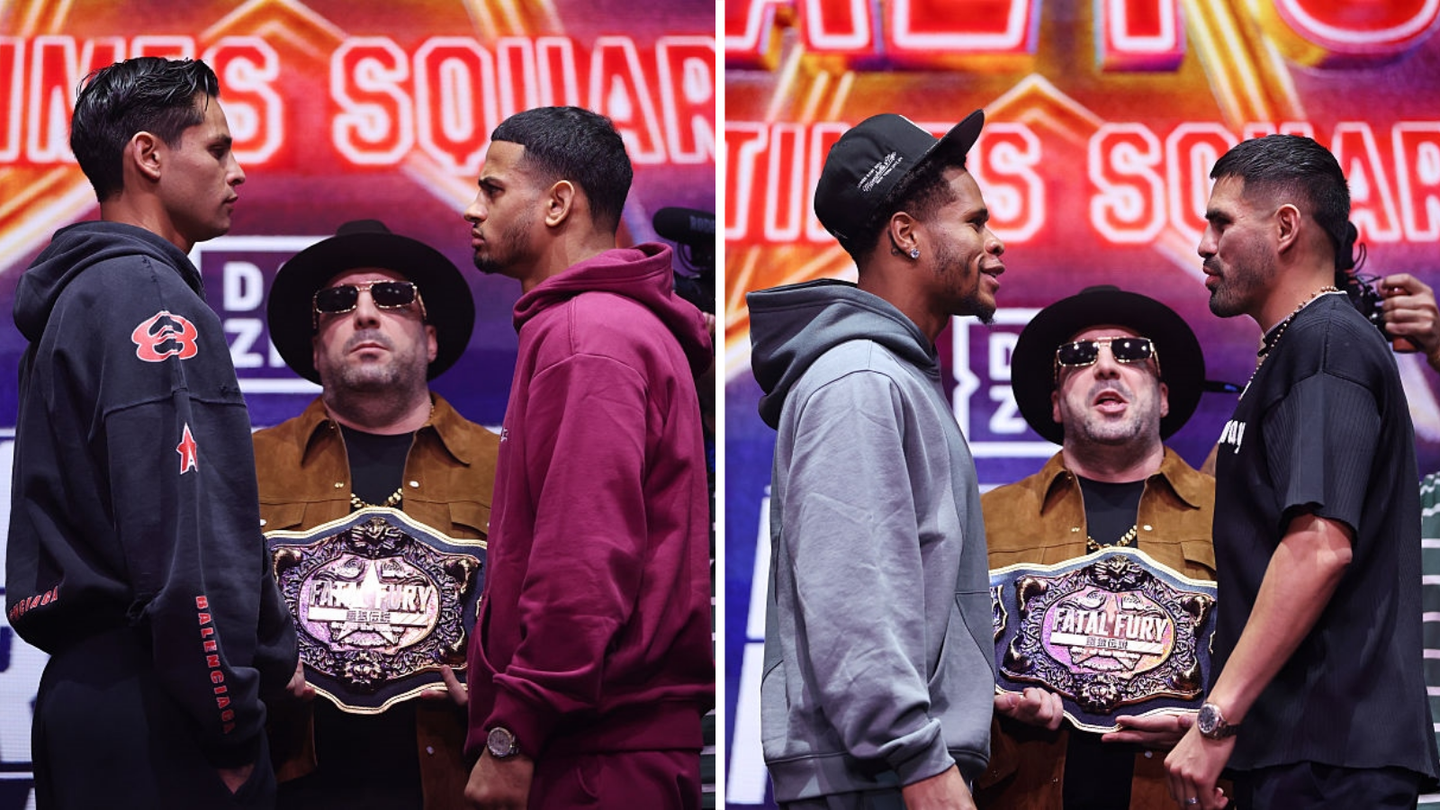 Split image of Ryan Garcia facing off with Rolly Romero and Devin Haney facing off with Jose Carlos Ramirez